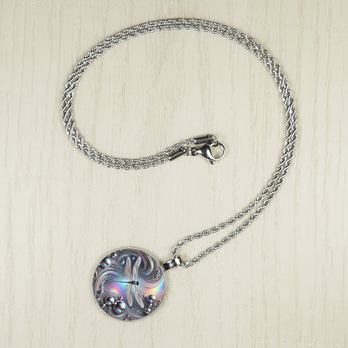 Intricate Highly Detailed Blue Rainbow Dragonfly Pendant on Stainless Steel Rope Chain, 20 Inch