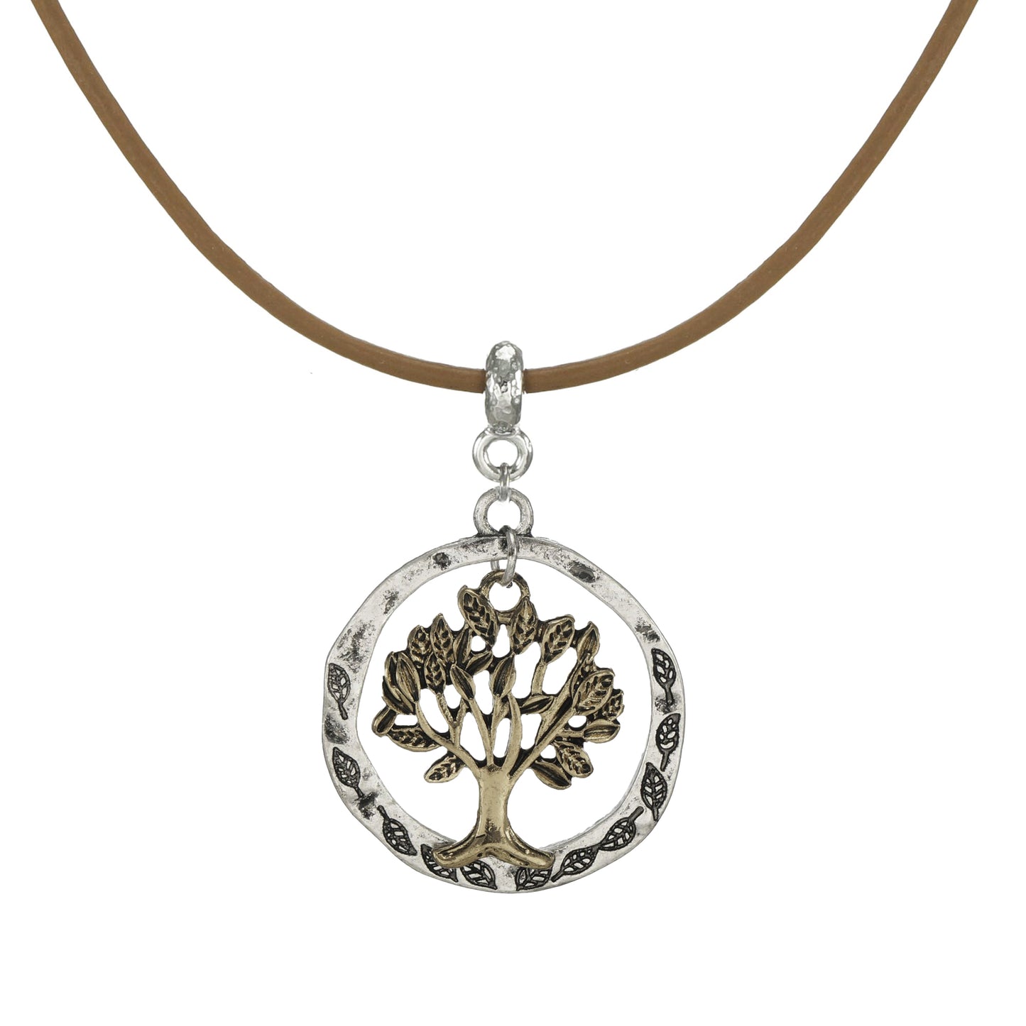Handmade Unisex Boho Tan Leather Cord with Gold and Silver Pewter Tree of Life Pendant, Length Choices