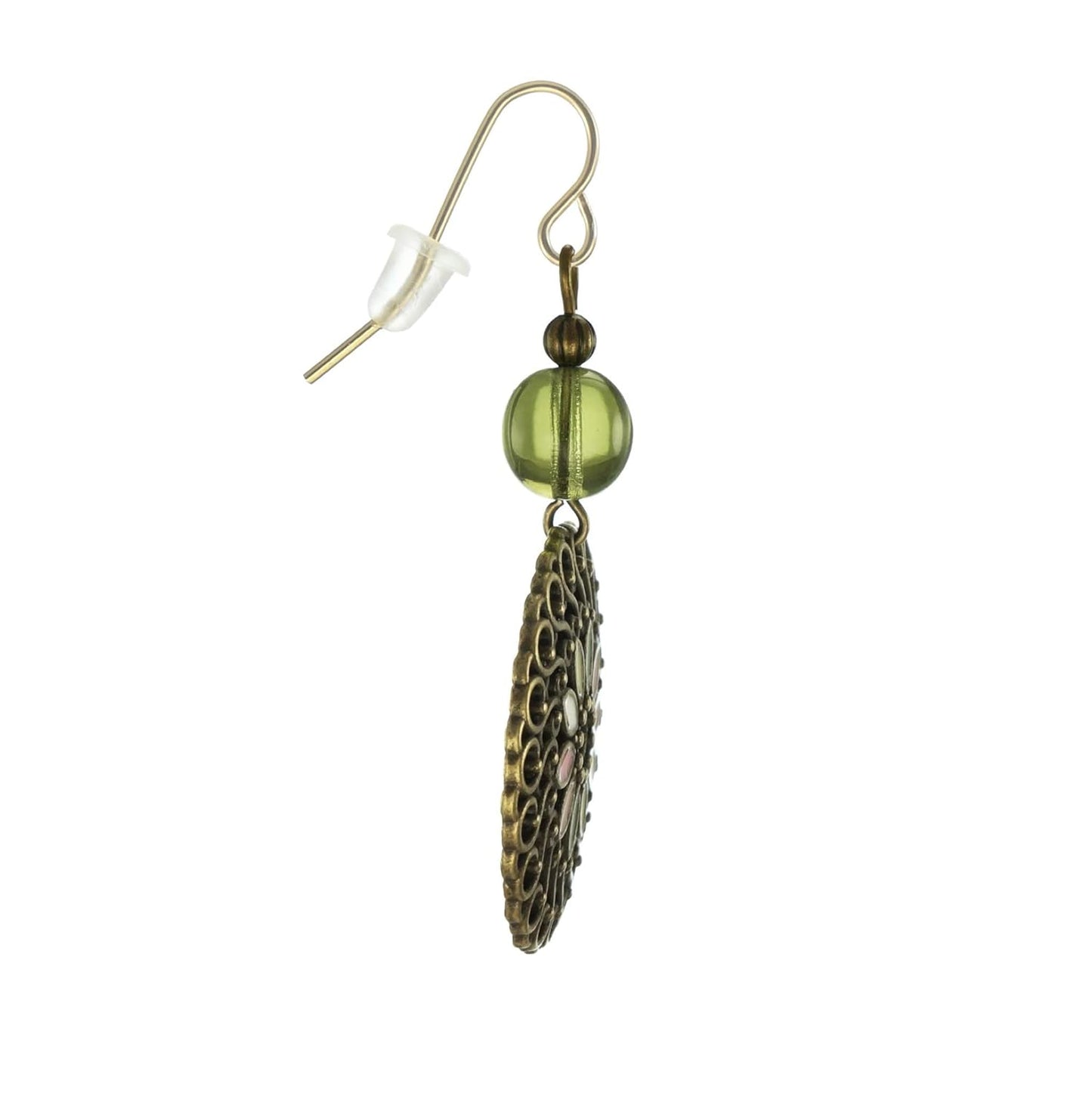 Colorful Vintage Style Antique Gold Flower Olive Green Statement Beaded Earrings, 18K Gold Ear Wires