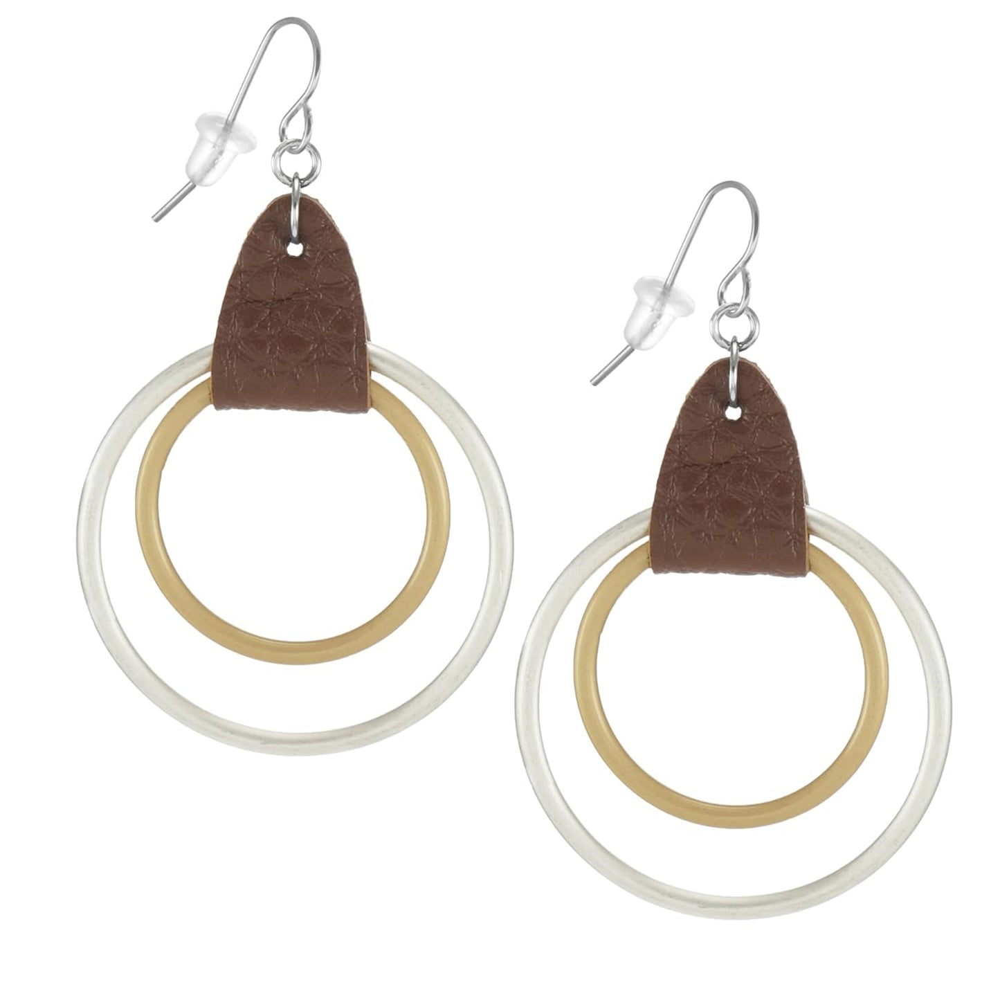 Gold and Silver Vegan Leather Western Boho Hoop Statement Earrings, Platinum Ear Wires