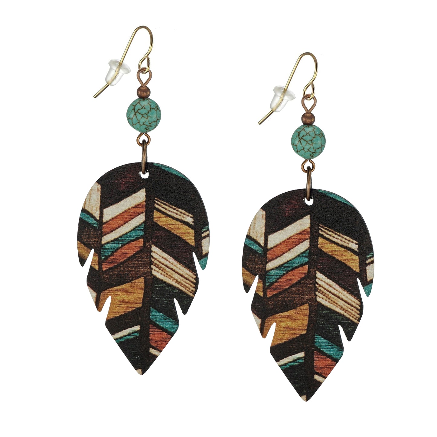 Boho Multi Rainbow Colored Striped Leaf Wood and Turquoise Statement Dangle Earrings, 18K Gold Ear Wires