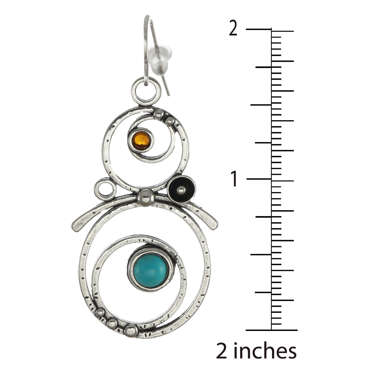 Amber and Turquoise Abstract Textured Silver Circles Boho Dangle Statement Bohemian Earrings, Art Deco Jewelry, Nickel Free Platinum Plated Ear Wires