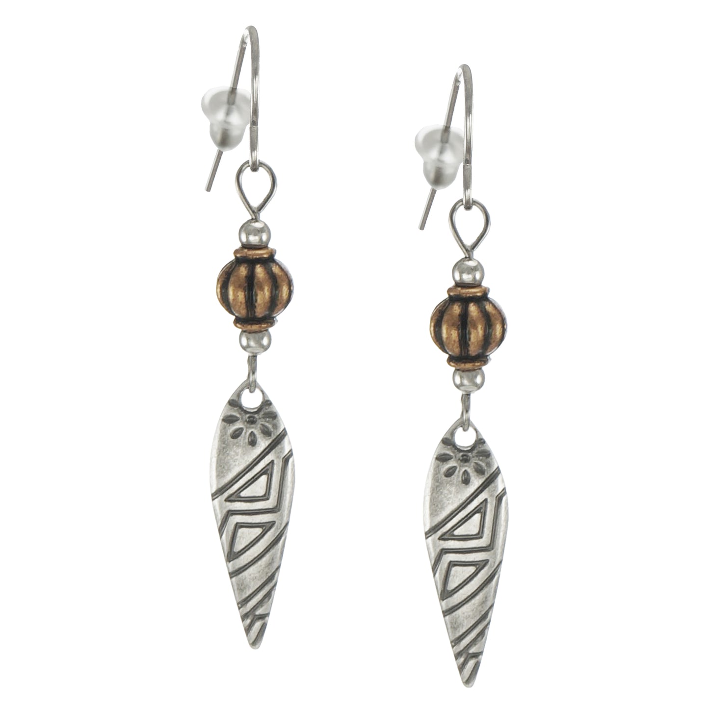 Silver and Copper Aztec Inspired Dainty Earrings, Hypoallergenic Platinum Ear Wires, Gift for Her