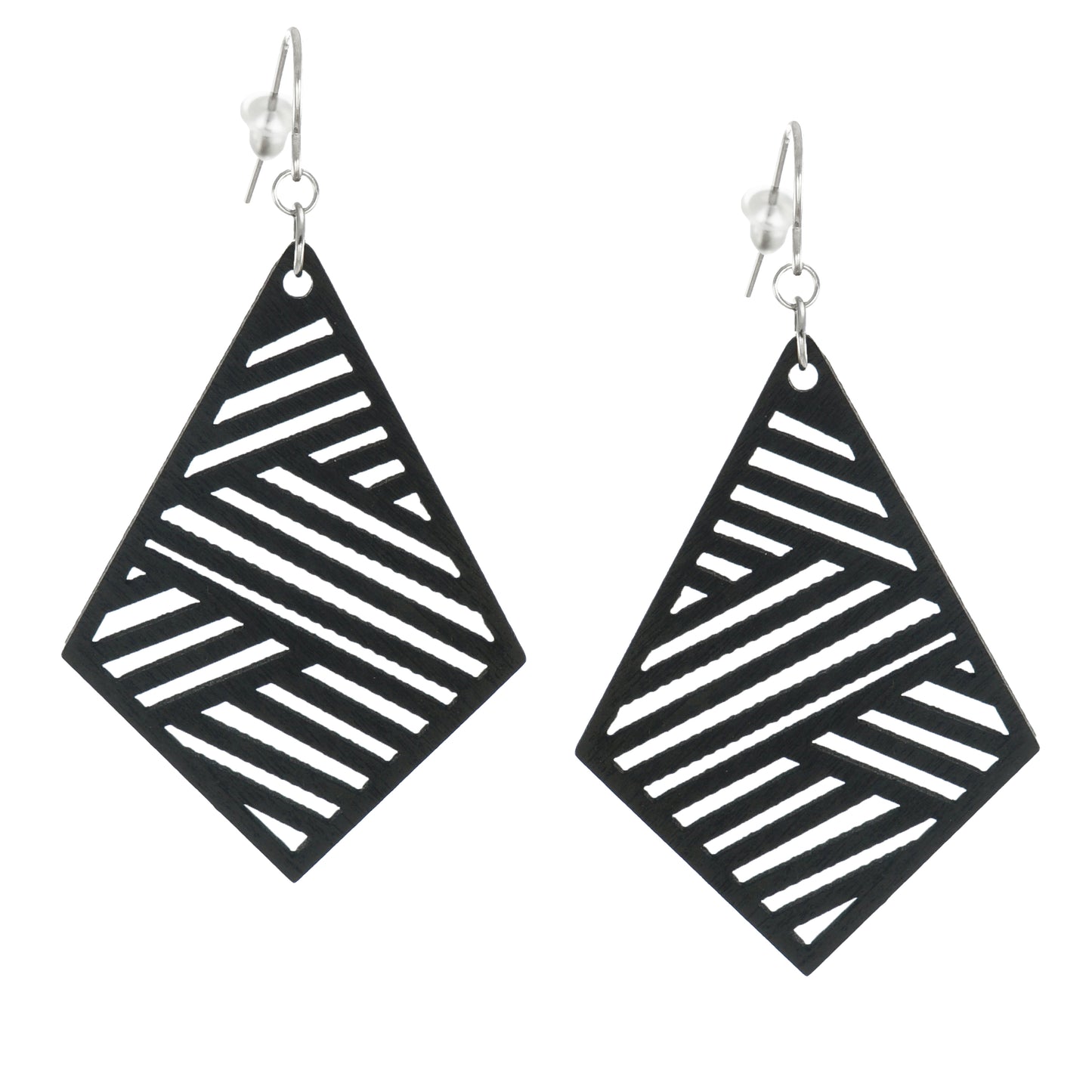Black Rhombus Shaped Wood Lightweight Boho Statement Earrings, Hypoallergenic Platinum Ear Wires, Gift for Her