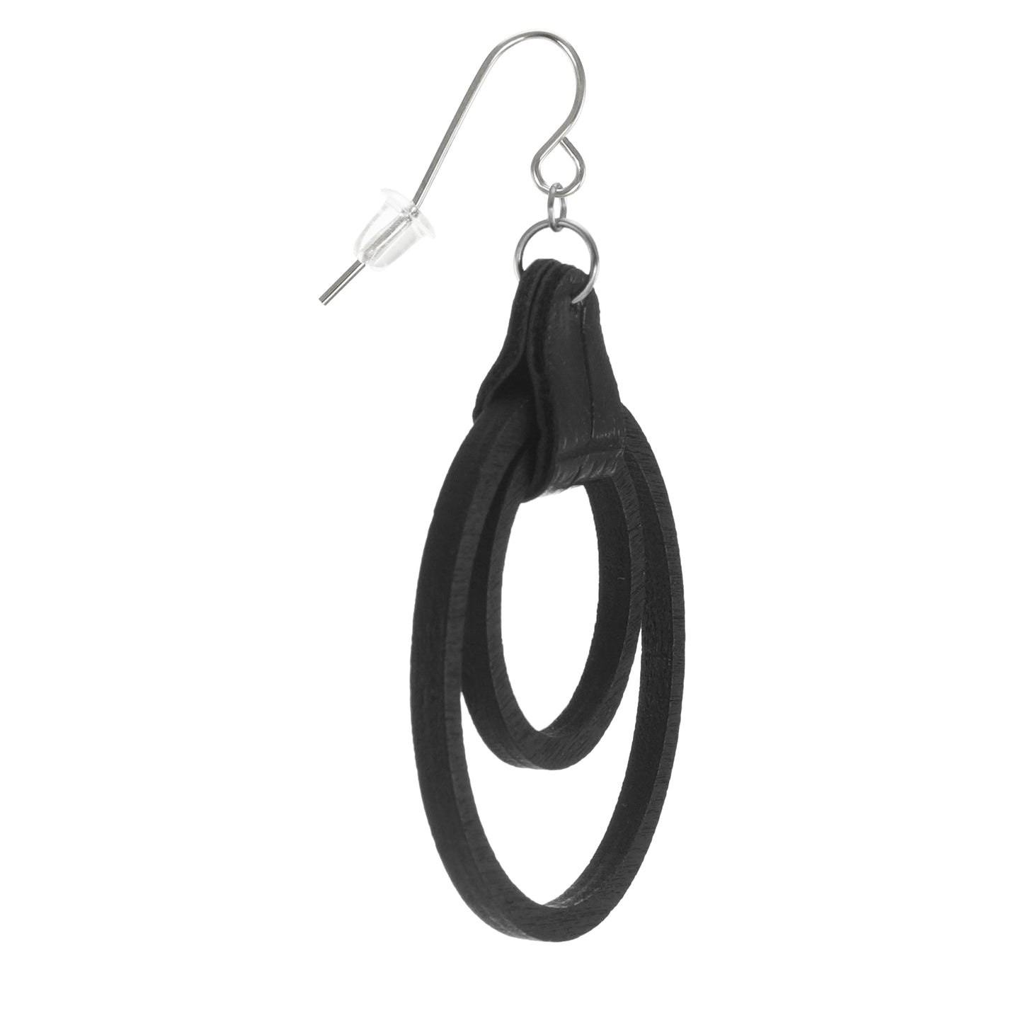 Double Wood Hoop & Vegan Leather Black Boho Statement Earrings, Hypoallergenic Platinum Ear Wires, Gift for Her
