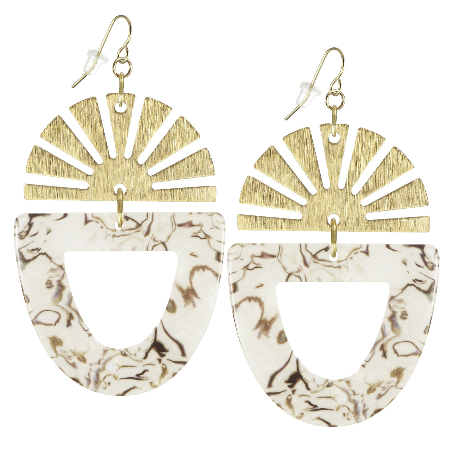 Brushed Gold Rising Sun & Acrylic Statement Earrings, 18K Gold Ear Wires, Color Choice