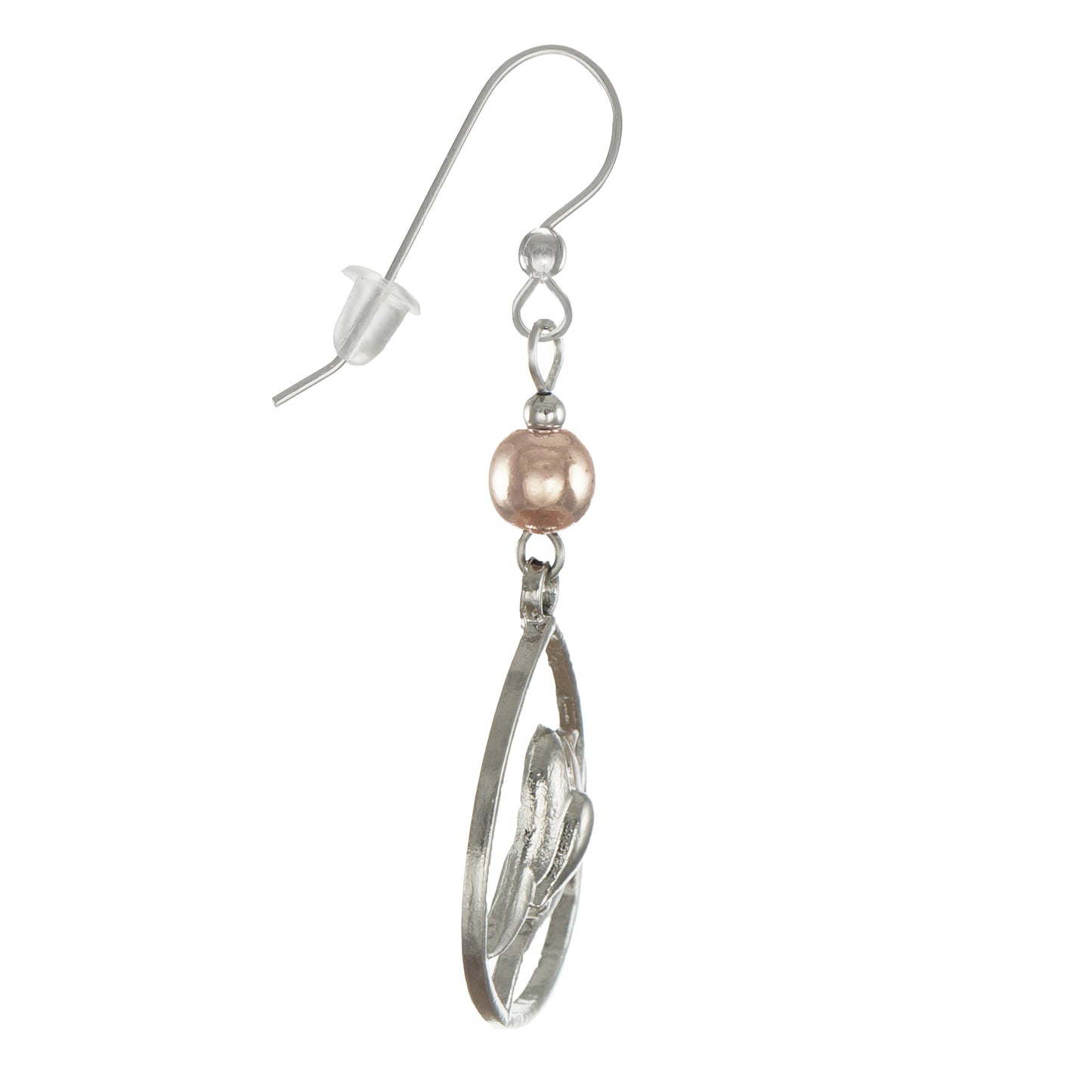 Silver Bird Branch Teardrop and Rose Gold Minimalist Beaded Dangle Earrings, Nickel Free, Sterling Ear Wires