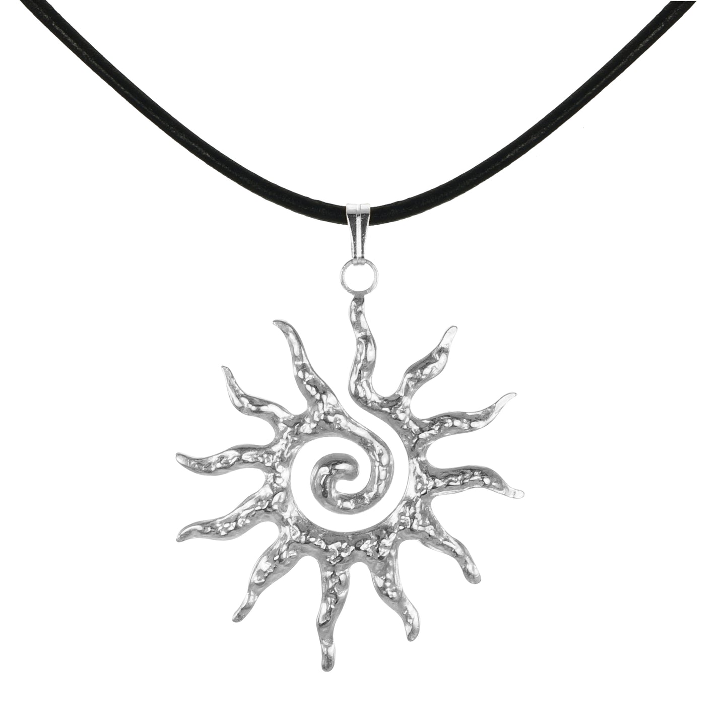 Celestial Hammered Silver Boho Sun Pendant Black Leather Cord Necklace, Length Choices