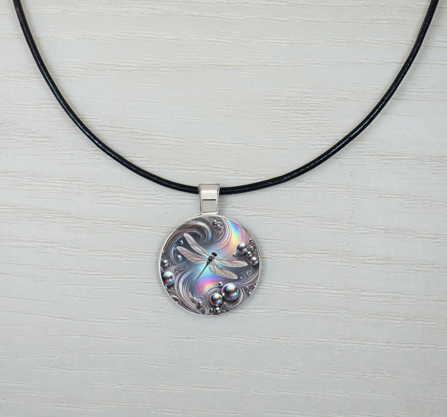 Mystical Rainbow 2-D Dragonfly High Detailed Pendant & Black Leather Cord Necklace, Length Choices, Gift for Her