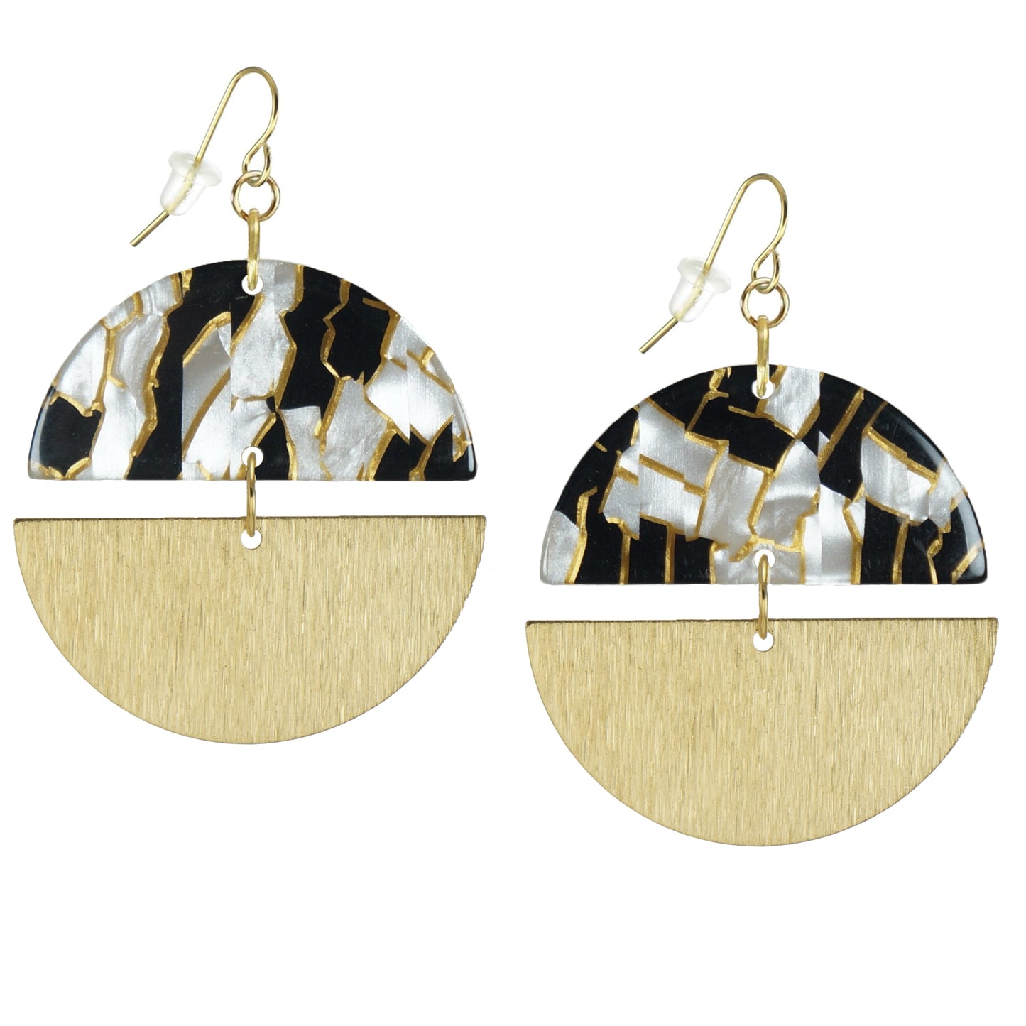 Double Gold and Colored Acrylic Boho Statement Earrings, 18K Gold Ear Wires