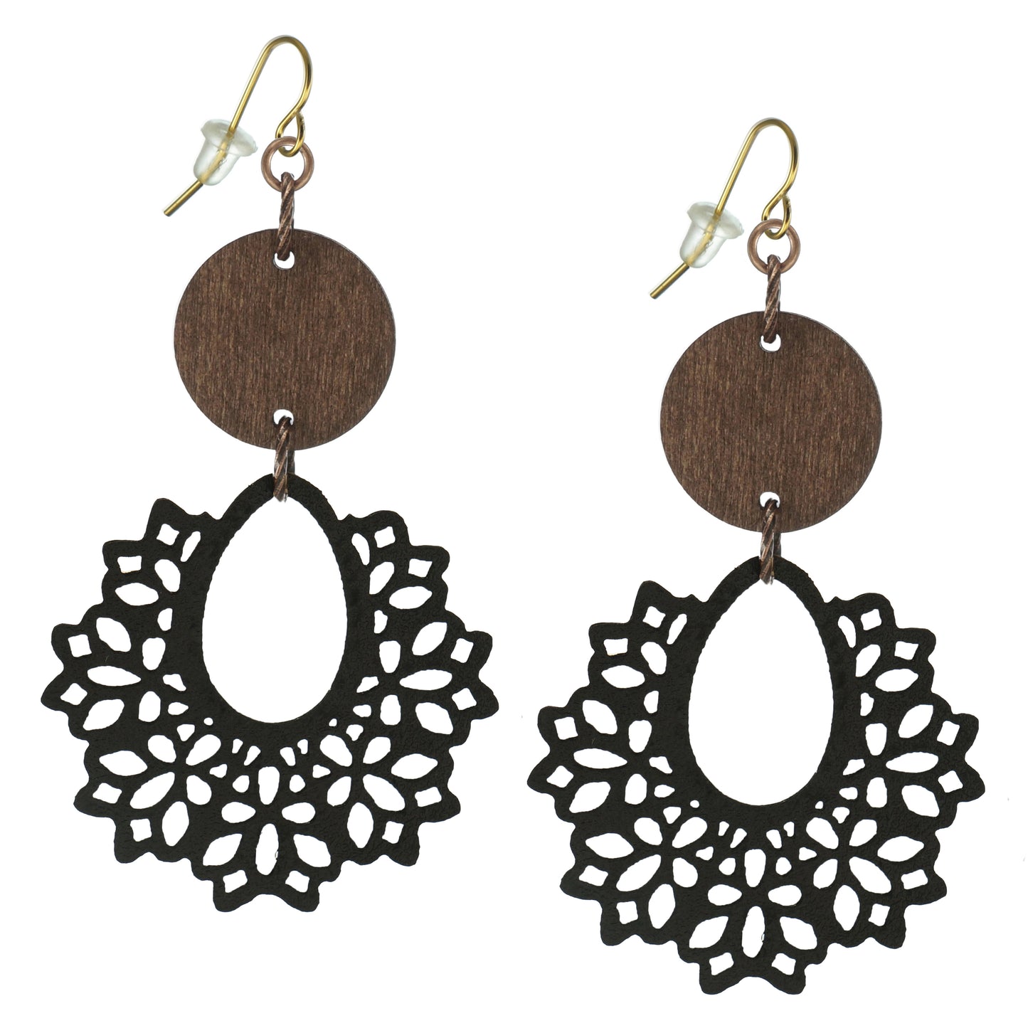Brown Wood & Vegan Leather Filigree Lightweight Boho Statement Earrings, Choice of Color, 18K Gold Ear Wires