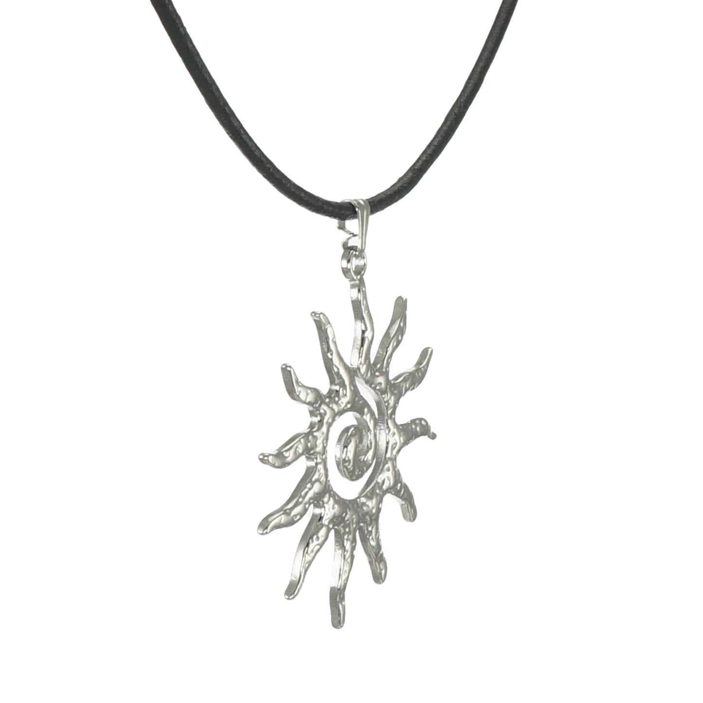 Celestial Hammered Silver Boho Sun Pendant Black Leather Cord Necklace, Length Choices