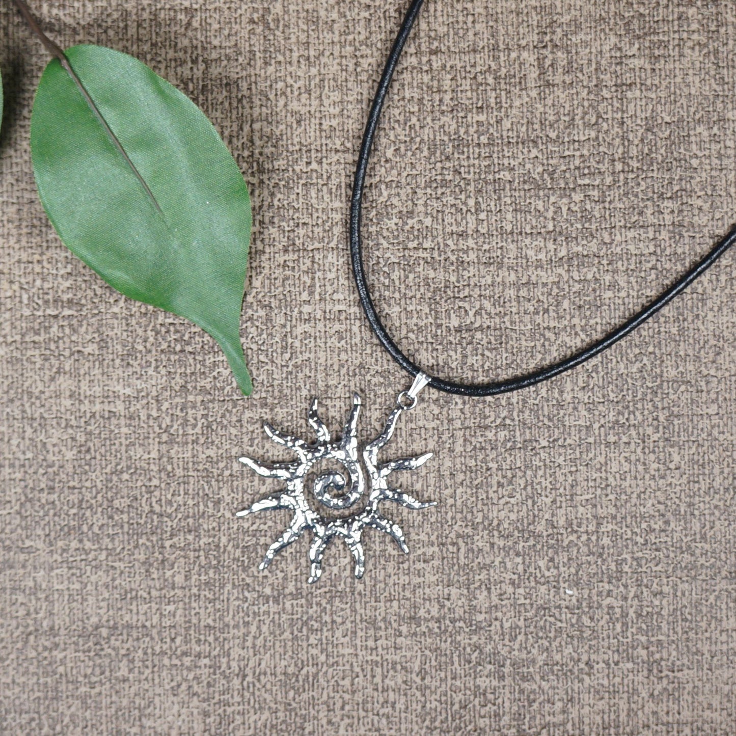 Celestial Hammered Silver Boho Sun Pendant Black Leather Cord Necklace, Length Choices