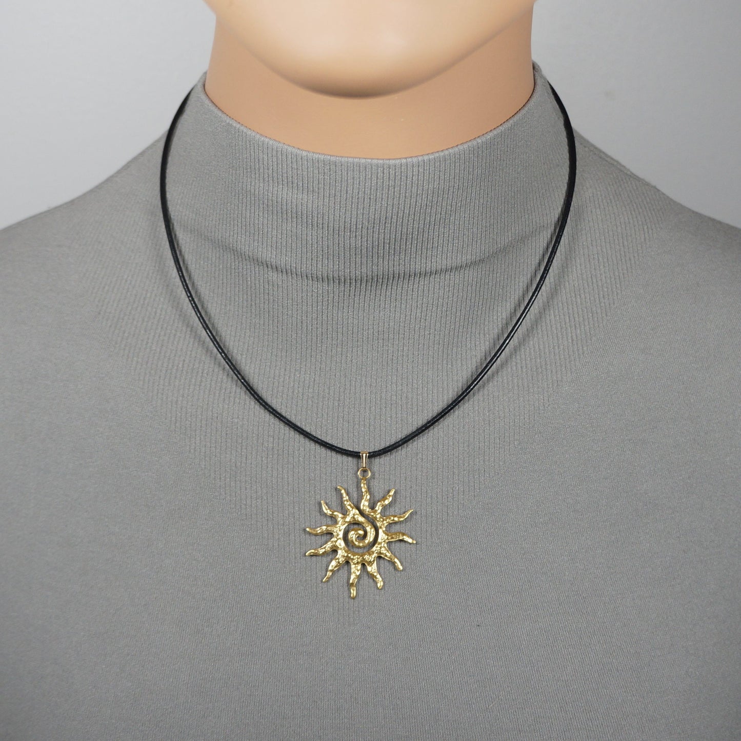 Celestial Hammered Gold Boho Sun Pendant Black Leather Cord Necklace, Length Choices
