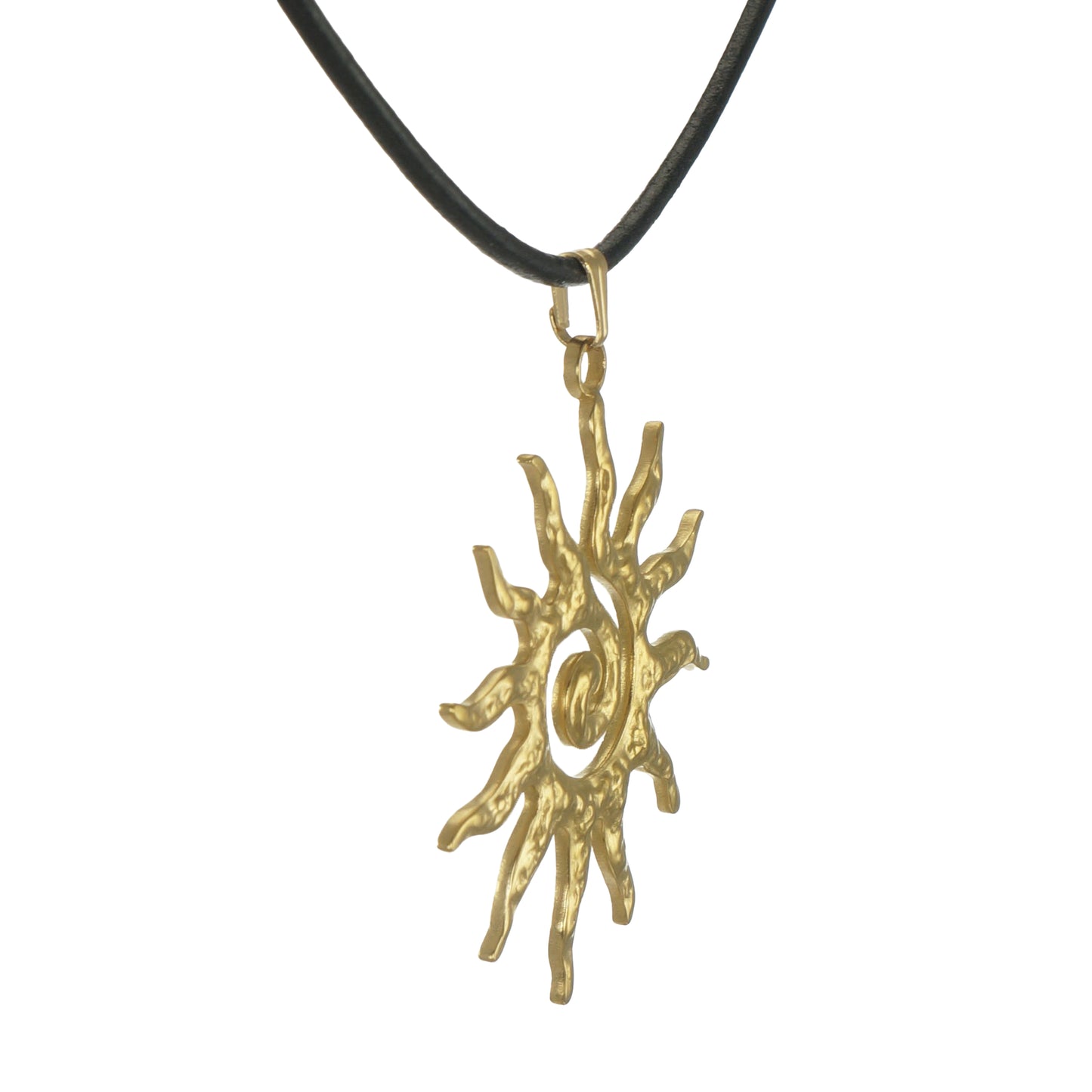Celestial Hammered Gold Boho Sun Pendant Black Leather Cord Necklace, Length Choices