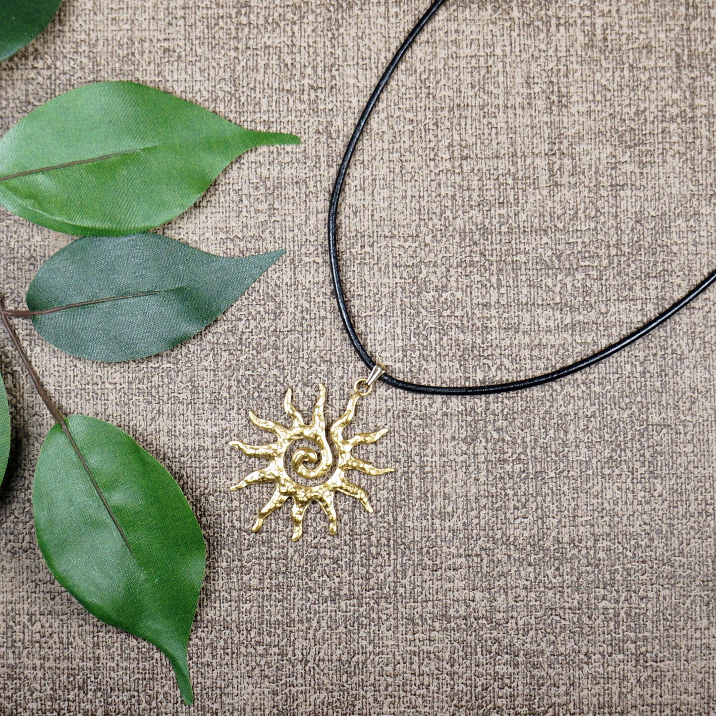 Celestial Hammered Gold Boho Sun Pendant Black Leather Cord Necklace, Length Choices