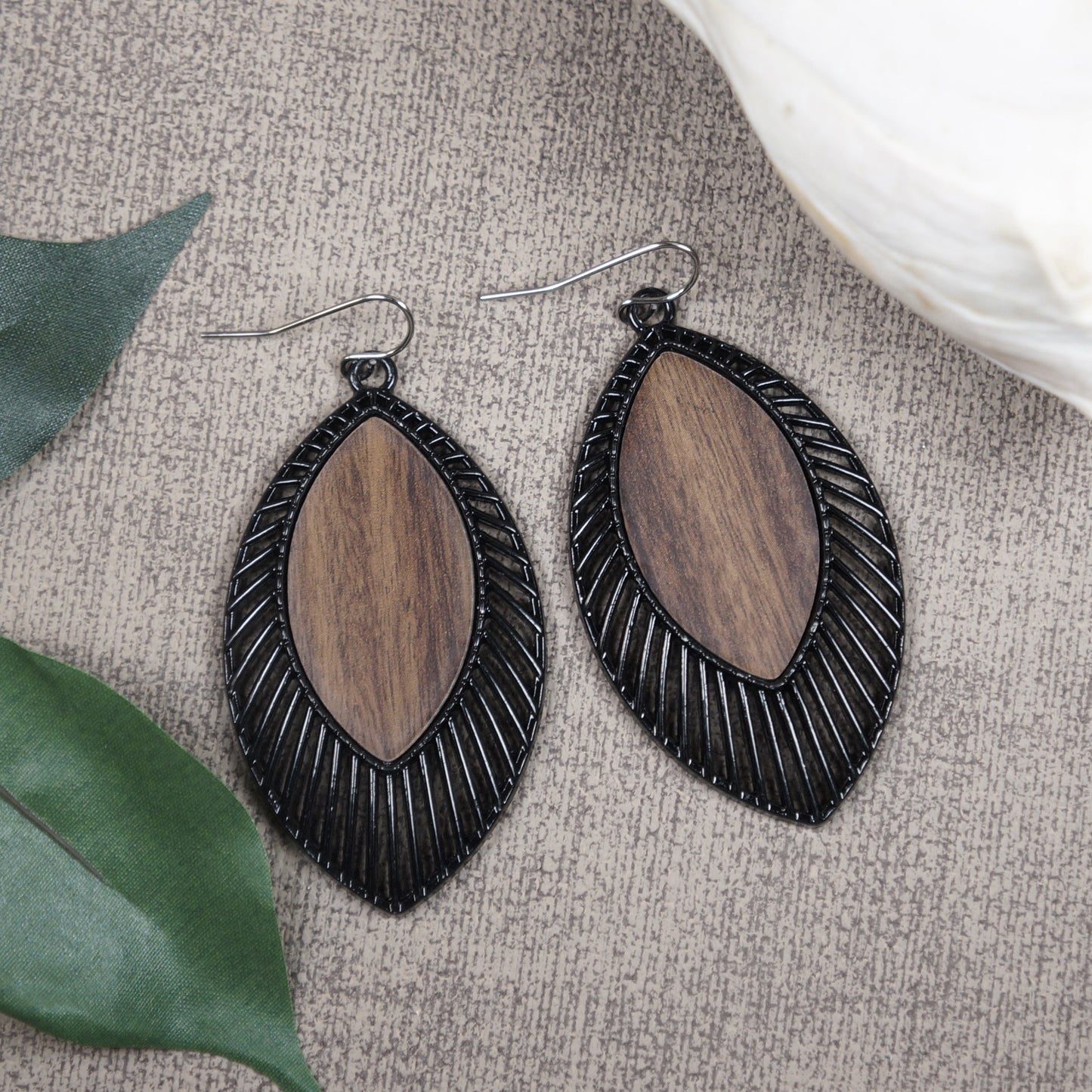 Beautiful Black Metal and Wood Diamond Shaped Boho Statement Dangle Earrings, Platinum Ear Wires