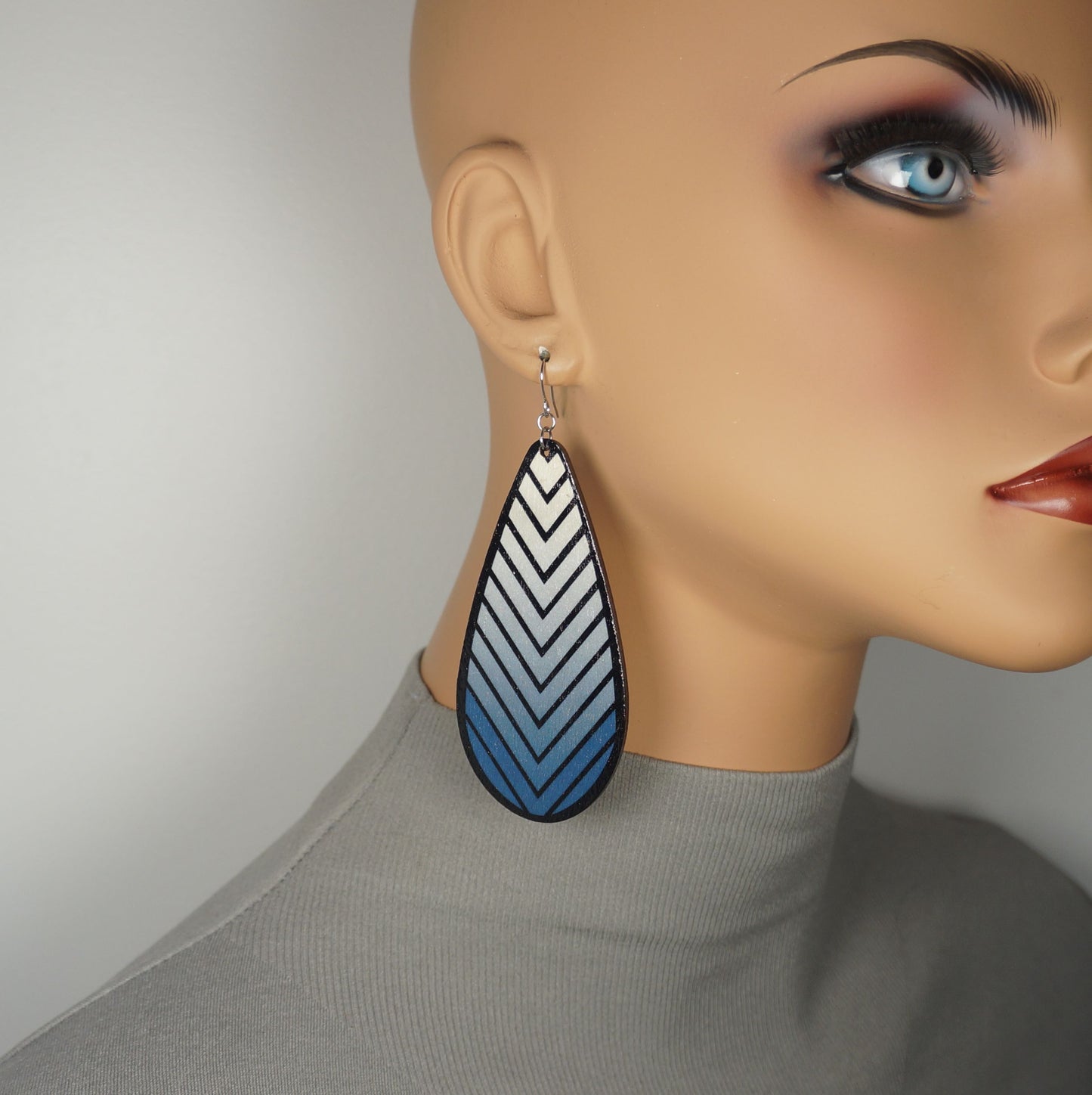 Lightweight Blue Chevron Wood Teardrop Boho Statement Earrings, Platinum Wires