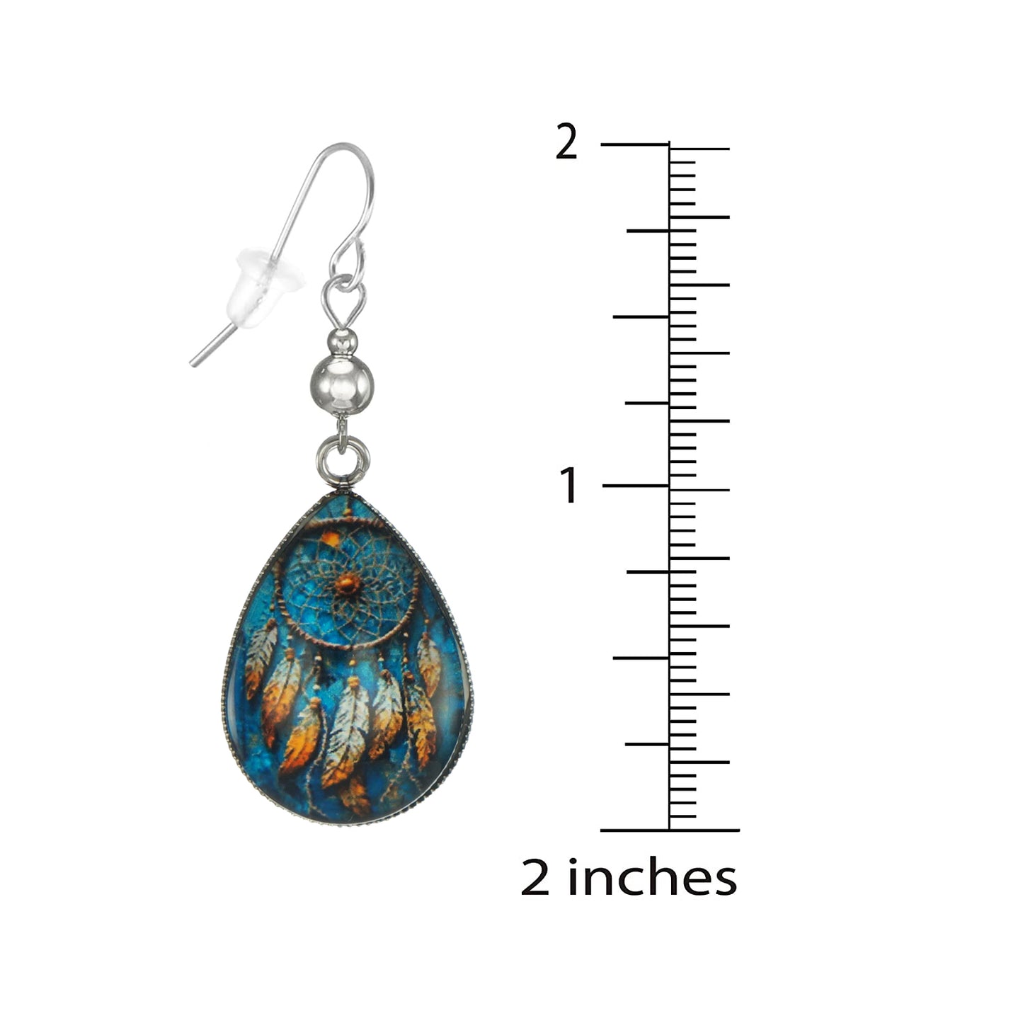 Beautiful Blue Feather Dream Catcher Teardrop Earrings, Platinum Ear Wires