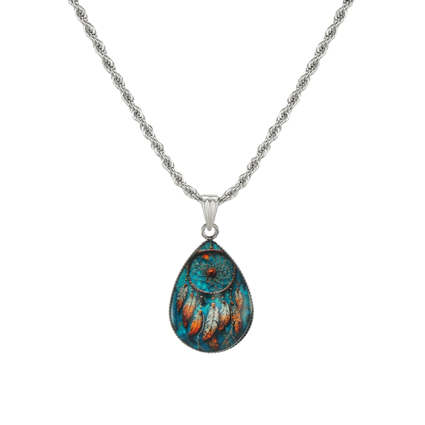 High Quality Stainless Steel Rope Chain with Blue or Tan boho Dream Catcher Teardrop Pendant – 19 1/2 inches