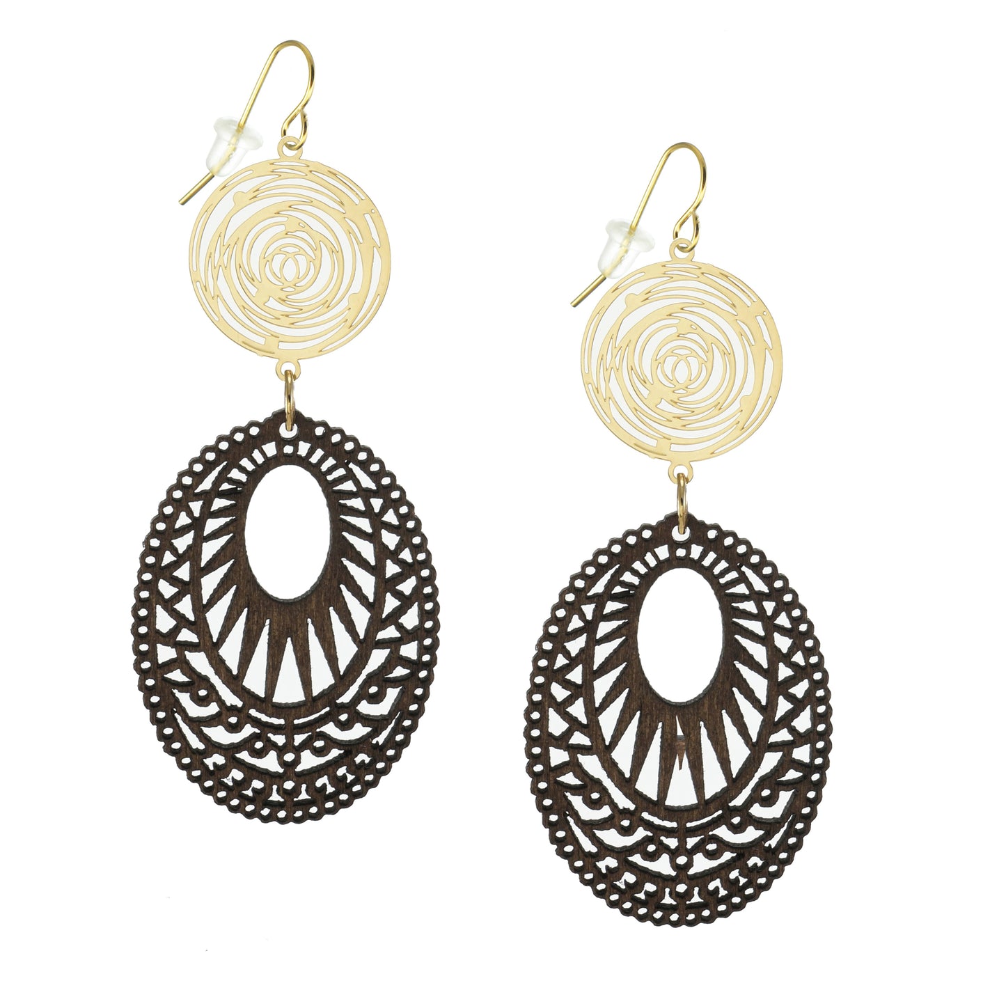 Lightweight Brown Laser Cut Mandala Wood and Gold Circles, Style Choices, 18K Gold Ear Wires