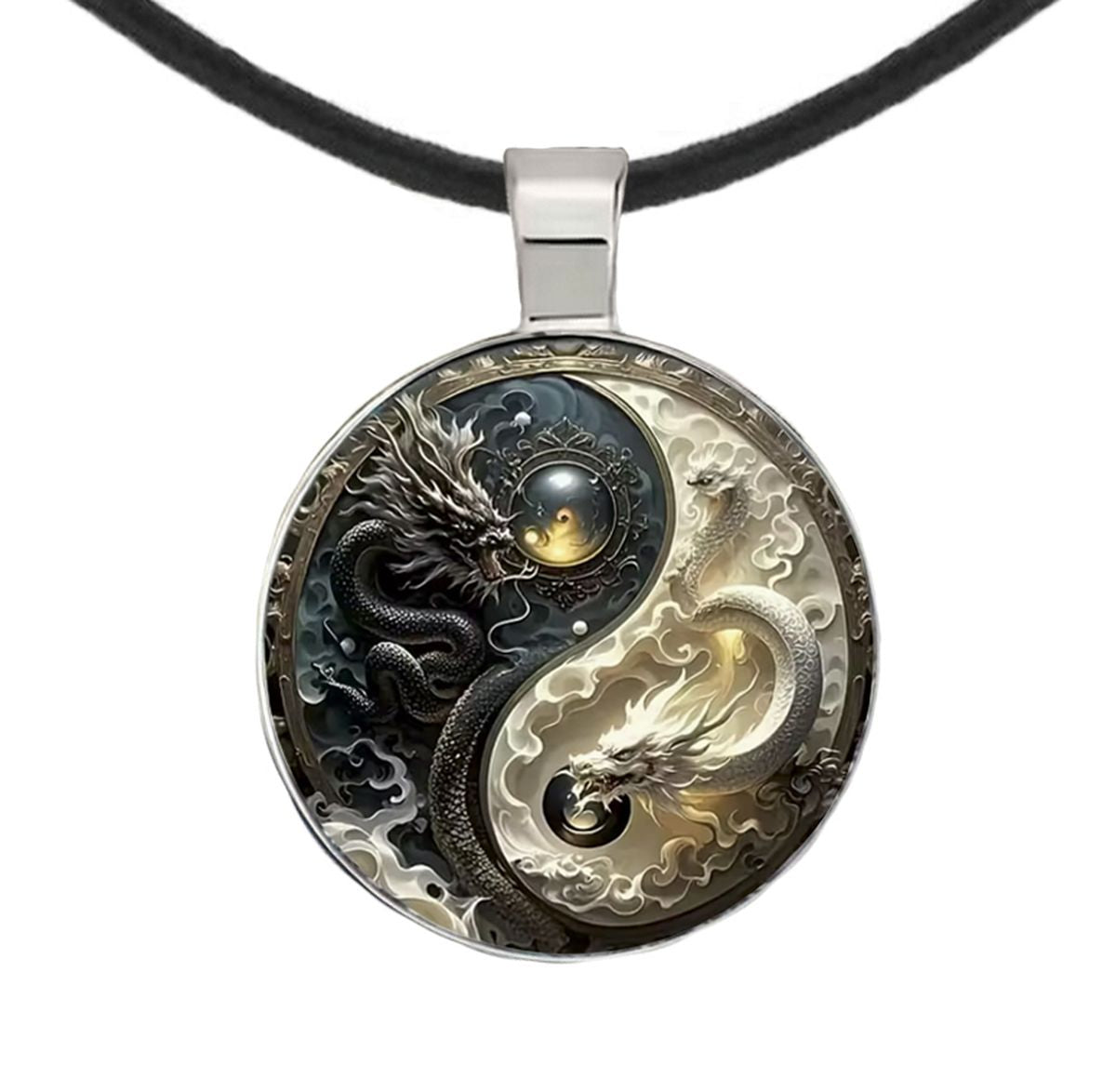 Intricate Yin Yang Highly Detailed 2-D Dragon Pendant Black Leather Cord Necklace, Length Choices, Gift for Her or Gift for Him