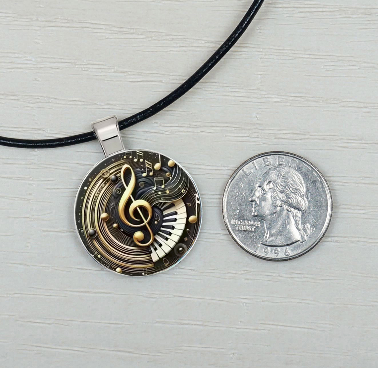 Intricate Highly Detailed 2-D Musical Treble Clef Pendant Black Leather Cord Necklace, Length Choices, Gift for Her or Gift for Him