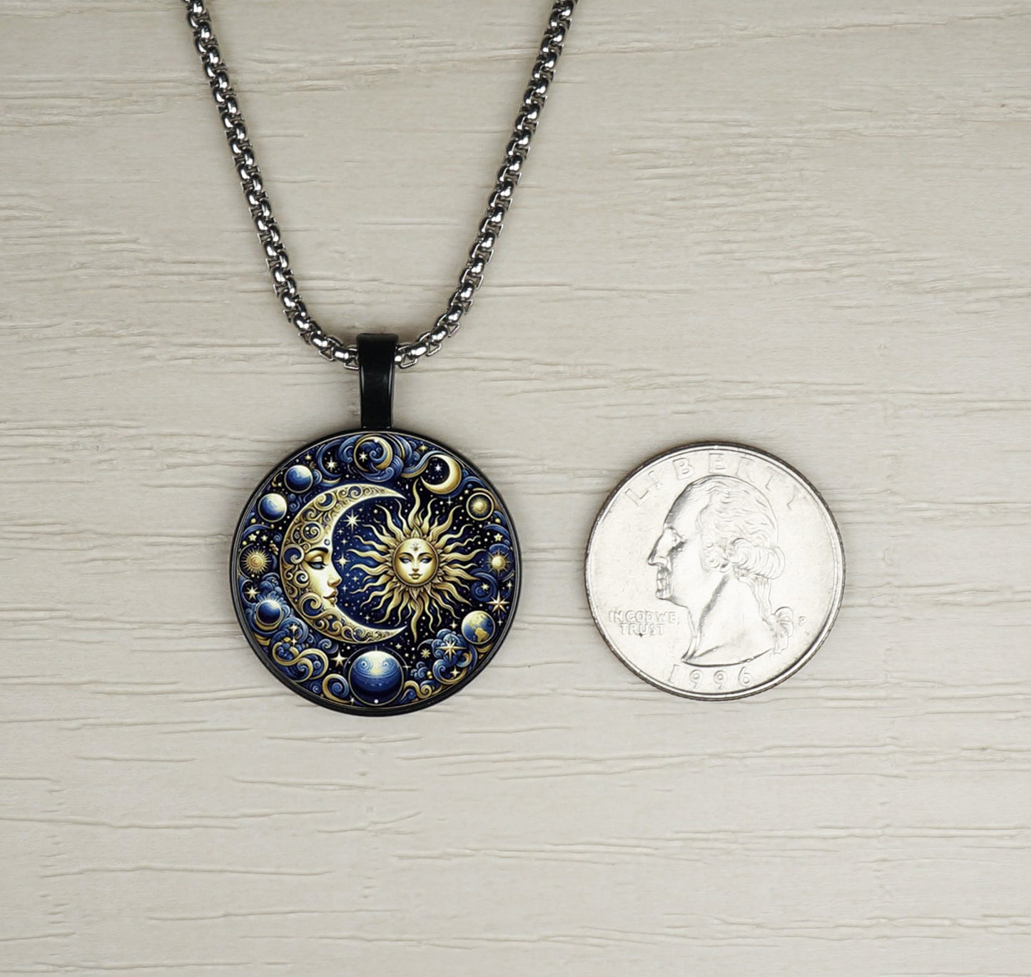 Celestial Blue Highly Detailed Sun Moon Boho Pendant, Stainless Steel Chain Necklace, Length Choices