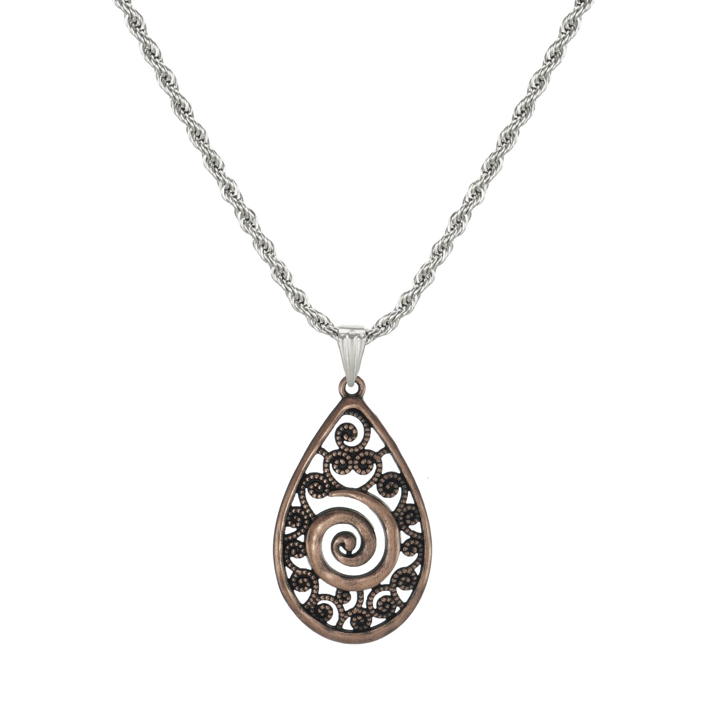 High Quality Stainless Steel Rope Chain with Boho Copper Swirl Teardrop Pendant – 19 1/2 inches