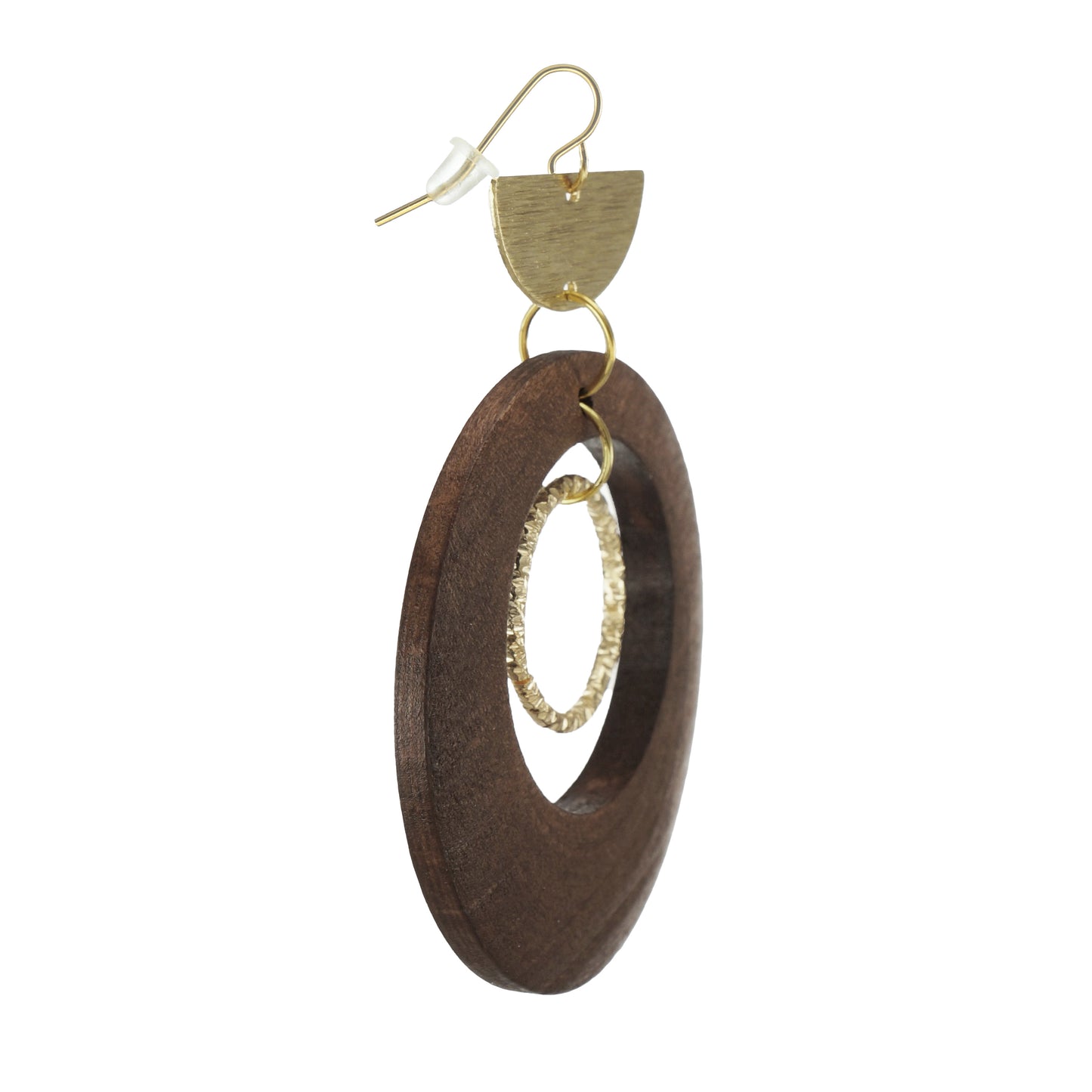 Brown Wood Donut and Gold Boho Earrings, 18K Gold Ear Wires