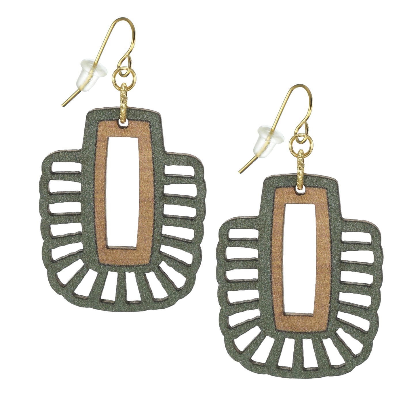 Unique and Fun Green and Tan Earth Tone Wood Lightweight Weatern Boho Statement Dangle Earrings – Nickel Free Hypoallergenic 18K Gold Ear Wires