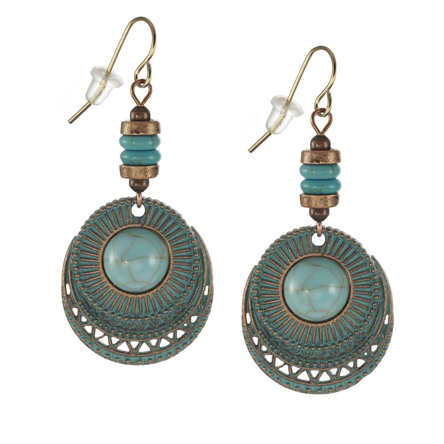 Boho Chic Vintage Style Rustic Round Copper Patina and Turquoise Dangle Statement Earrings, Nickel Free 18K Gold Ear Wires, Gift for Her