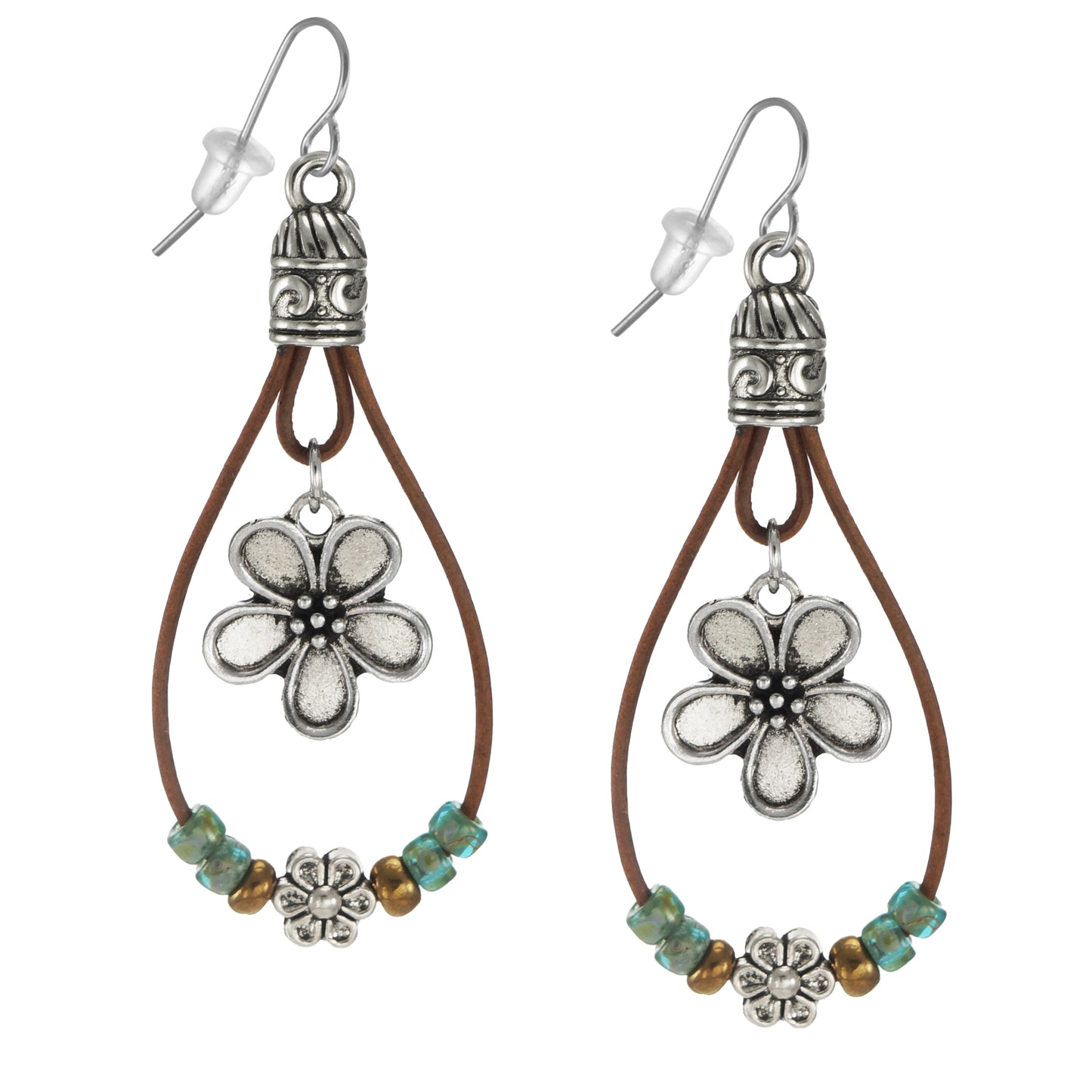 Tibetan Style Flower Seed Bead Southwest Style Leather Boho Statement Earrings, Platinum Ear Wires