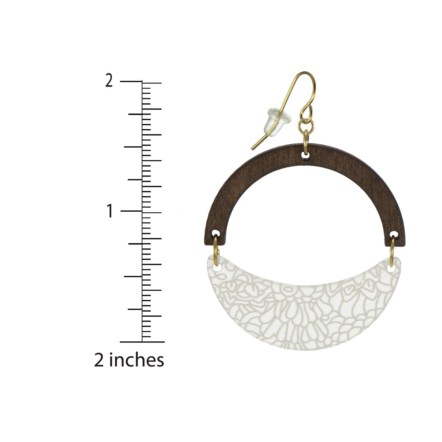 Unique Brown Arched Wood and White Etched Drop Lightweight Boho Statement Earrings, 18K Gold Earwires, Gift for Her