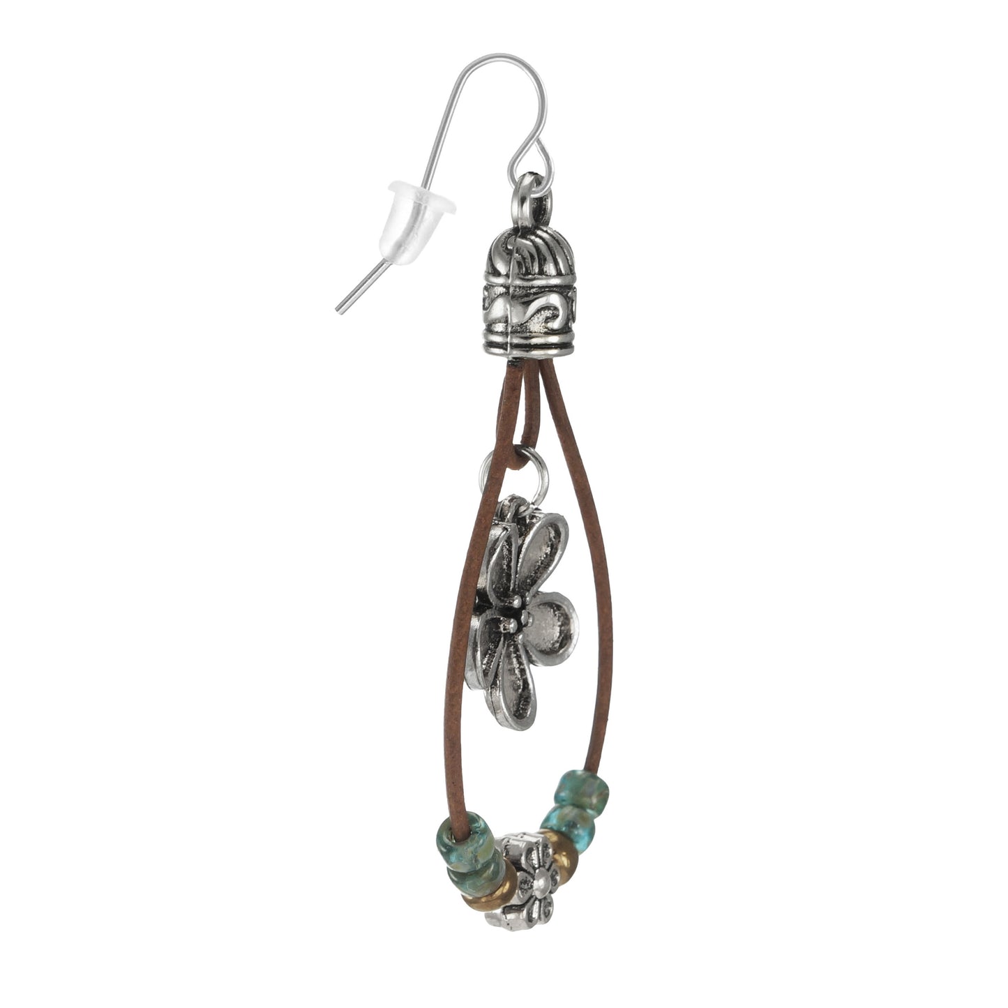 Tibetan Style Flower Seed Bead Southwest Style Leather Boho Statement Earrings, Platinum Ear Wires