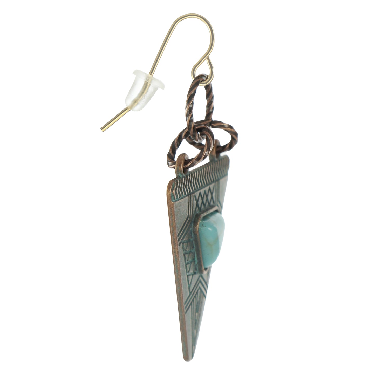 Unique Triangle Copper Patina and Turquoise Boho Dangle Earrings, Modern Minimalist Everyday Wear, 18K Gold Ear Wires