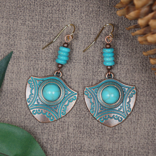 Beautiful Boho Vintage Style Abstract Copper Patina and Turquoise Dangle Earrings 18K Gold Earwires