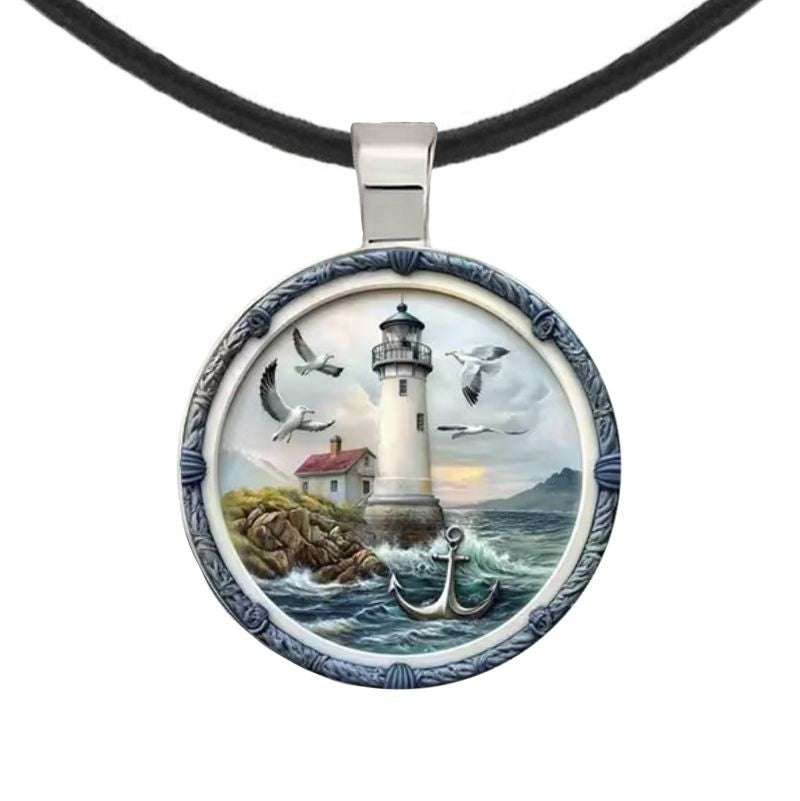 Intricate High Detail 2-D Lighthouse Pendant Black Leather Necklace, Length Choices, Gift for Her or Gift for Him