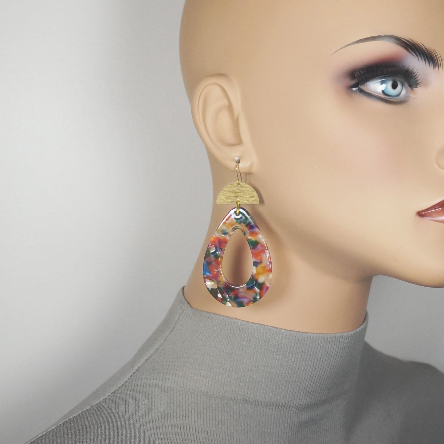 Vibrant Confetti Teardrop & Brushed Half Moon Boho Statement Earrings, Gold or Silver