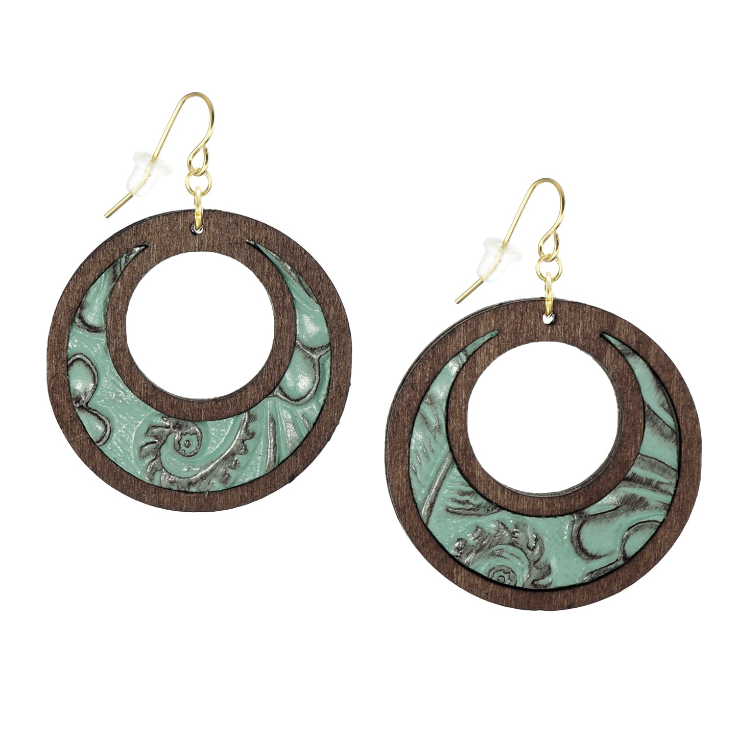 Brown Wood and Embossed Leather Vintage Donut Hoop Dangle Lightweight Boho Statement Earrings, Green or Mauve Pink, 18K Ear Wires