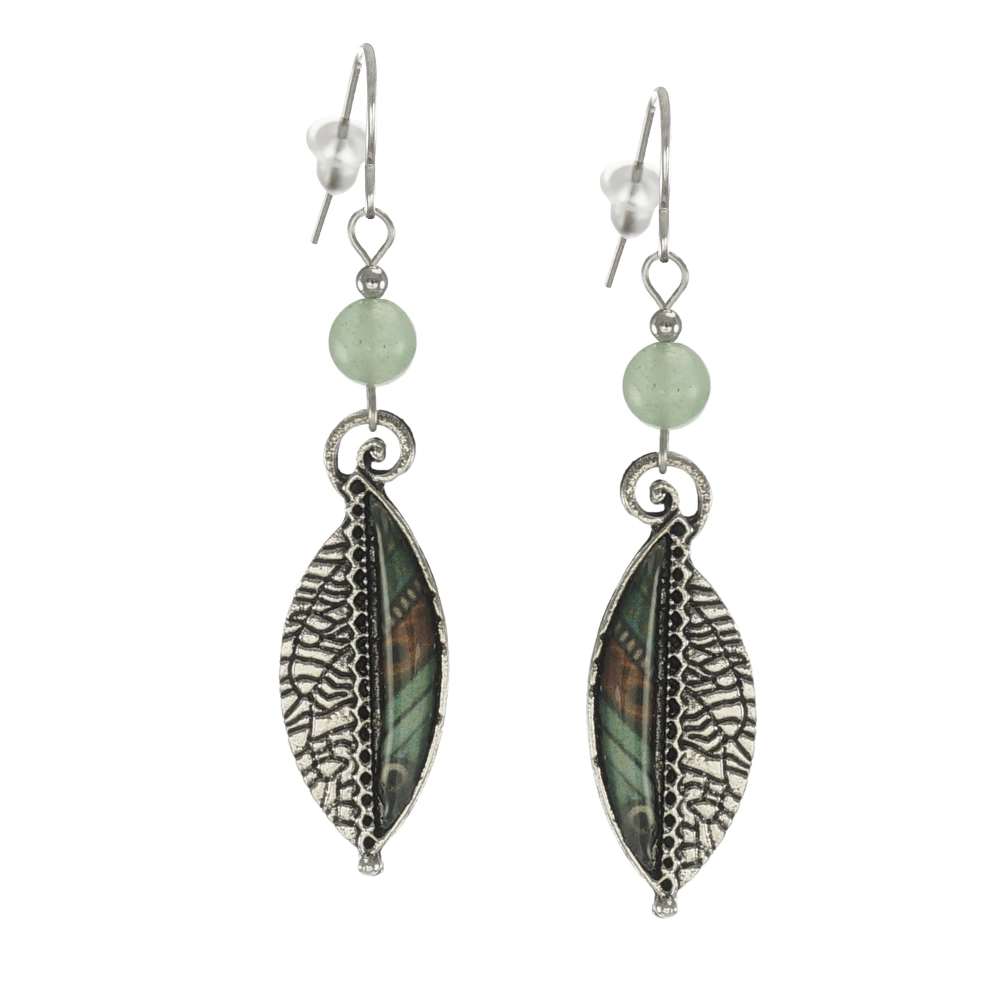 Beautiful Silver & Green Aventurine Gemstone Leaf Earrings, Platinum Earwires