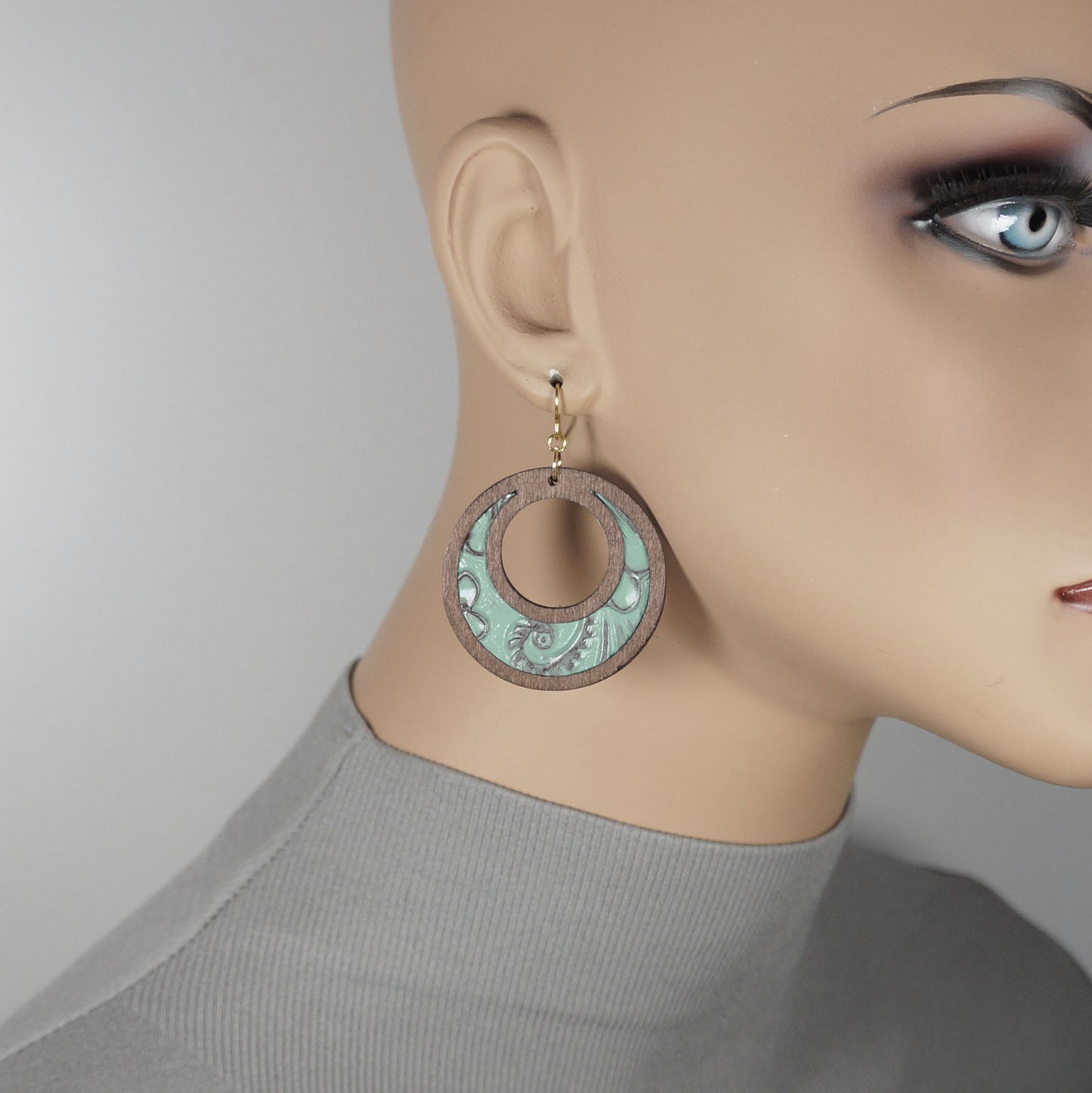Brown Wood and Embossed Leather Vintage Donut Hoop Dangle Lightweight Boho Statement Earrings, Green or Mauve Pink, 18K Ear Wires