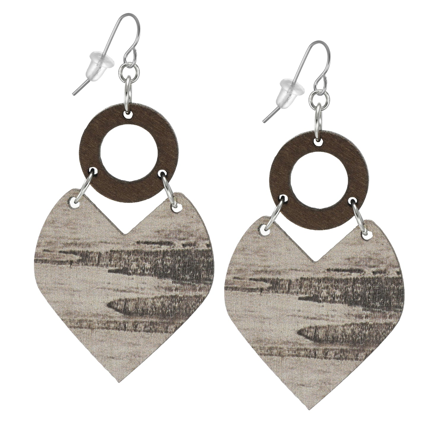 Modern Brown or Grey Wood Teardrop and Wood Donut Lightweight Western Boho Statement Earrings, Nickel Free Hypoallergenic Platinum Earwires