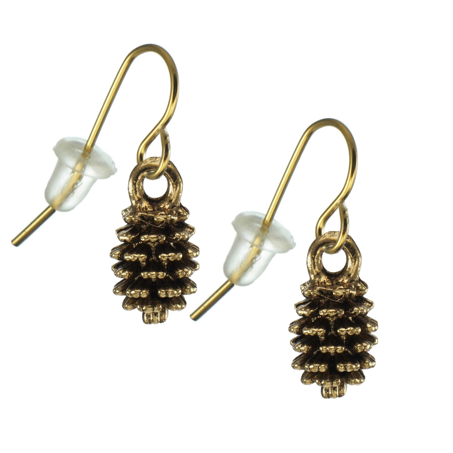 Dainty Small Highly Detailed Antique Gold Pinecone Minimalist Earrings- Antique Gold, 18K Gold Ear Wires