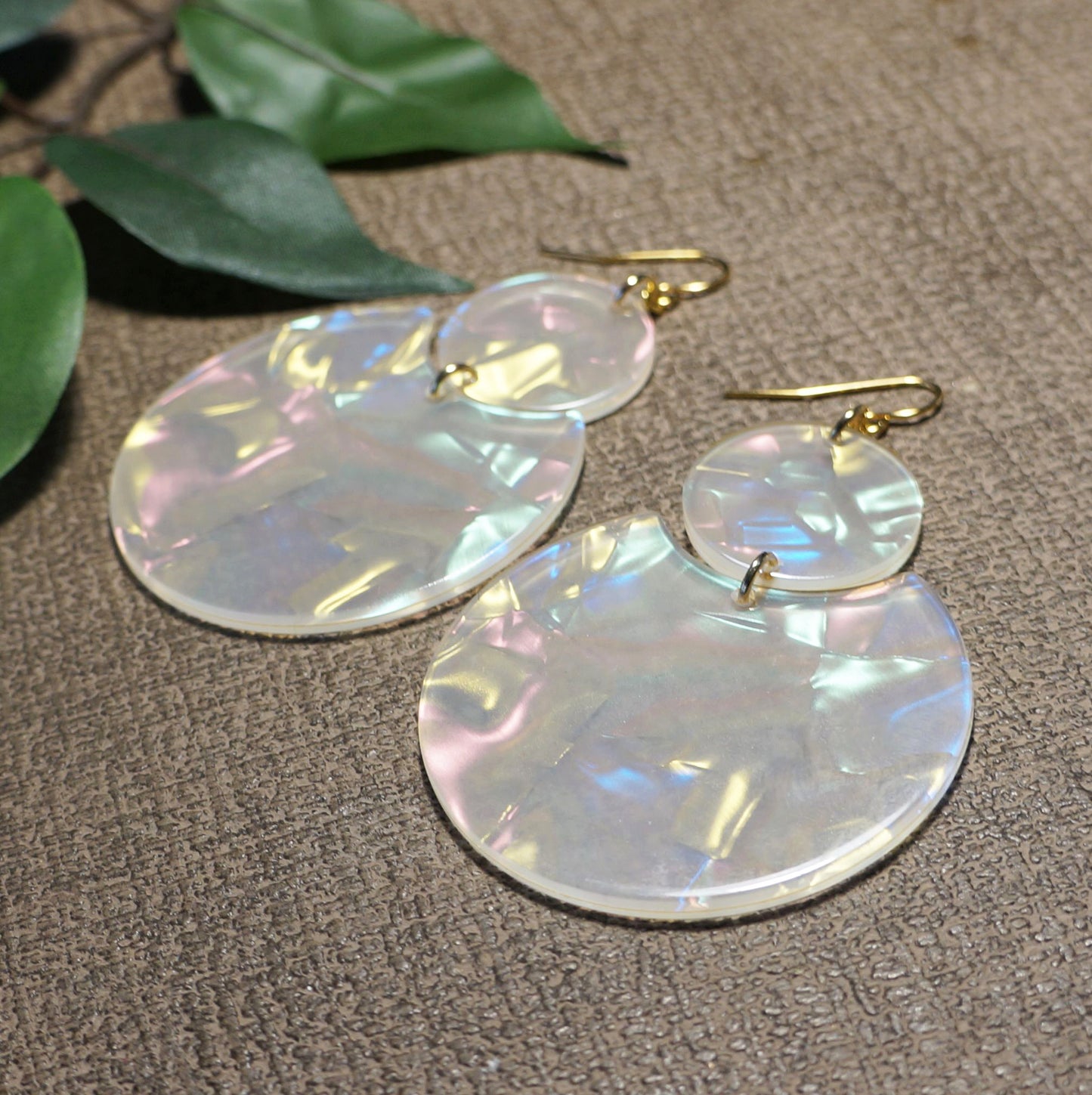 Fun Large Vibrant Iridescent Multi Color Clear Round Acrylic Lightweight Boho Statement Earrings, Hypoallergenic 18K Gold Ear Wires