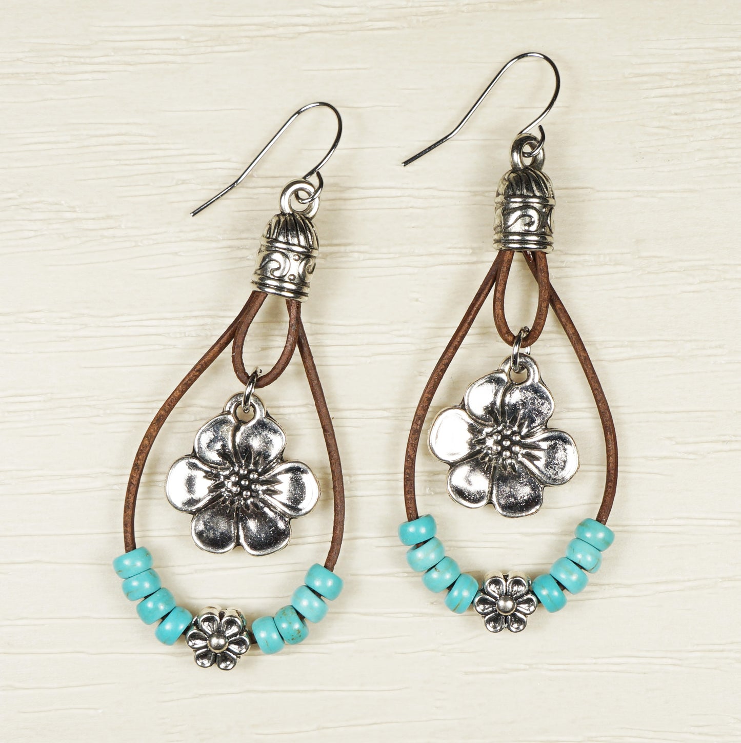 Western Inspired Leather Teardrop with Silver Flowers and Turquoise Color Accents, Hypoallergenic Platinum Ear Wires