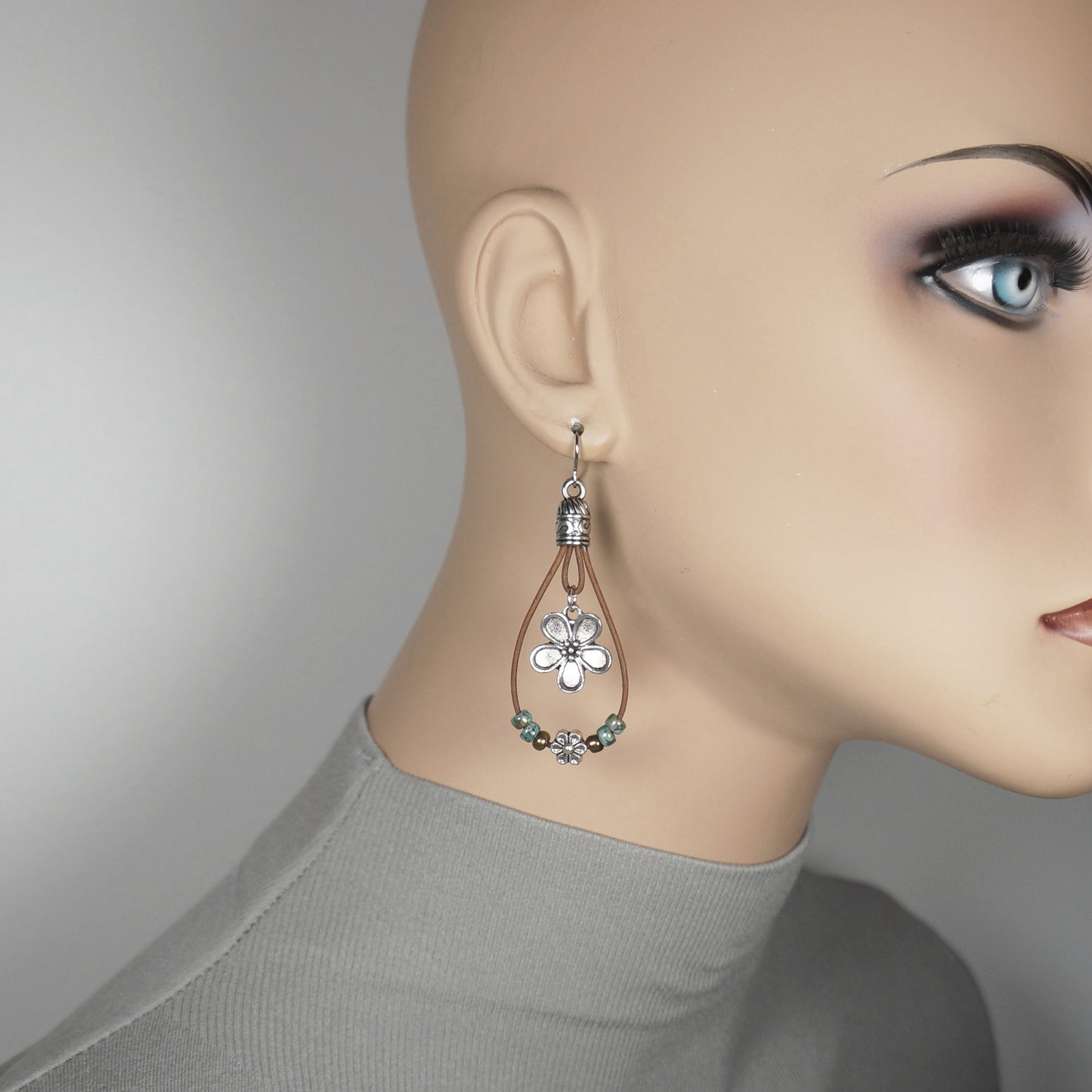 Tibetan Style Flower Seed Bead Southwest Style Leather Boho Statement Earrings, Platinum Ear Wires