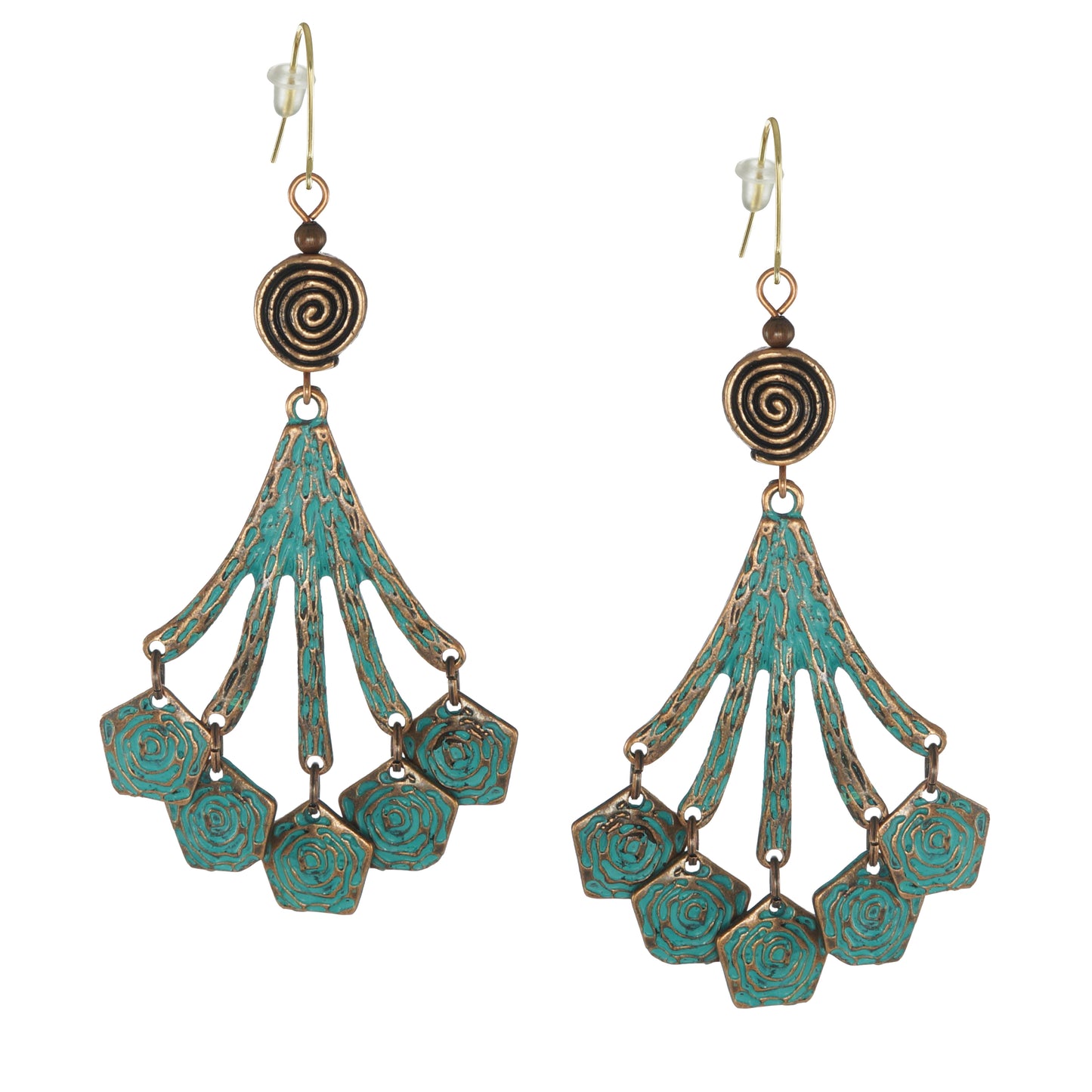 Unique Copper Patina Ethnic Rustic Boho Swirl Statement Bohemian Style Vintage Dangle Earrings, 18K Ear wires, Big Earrings, Gift for Her