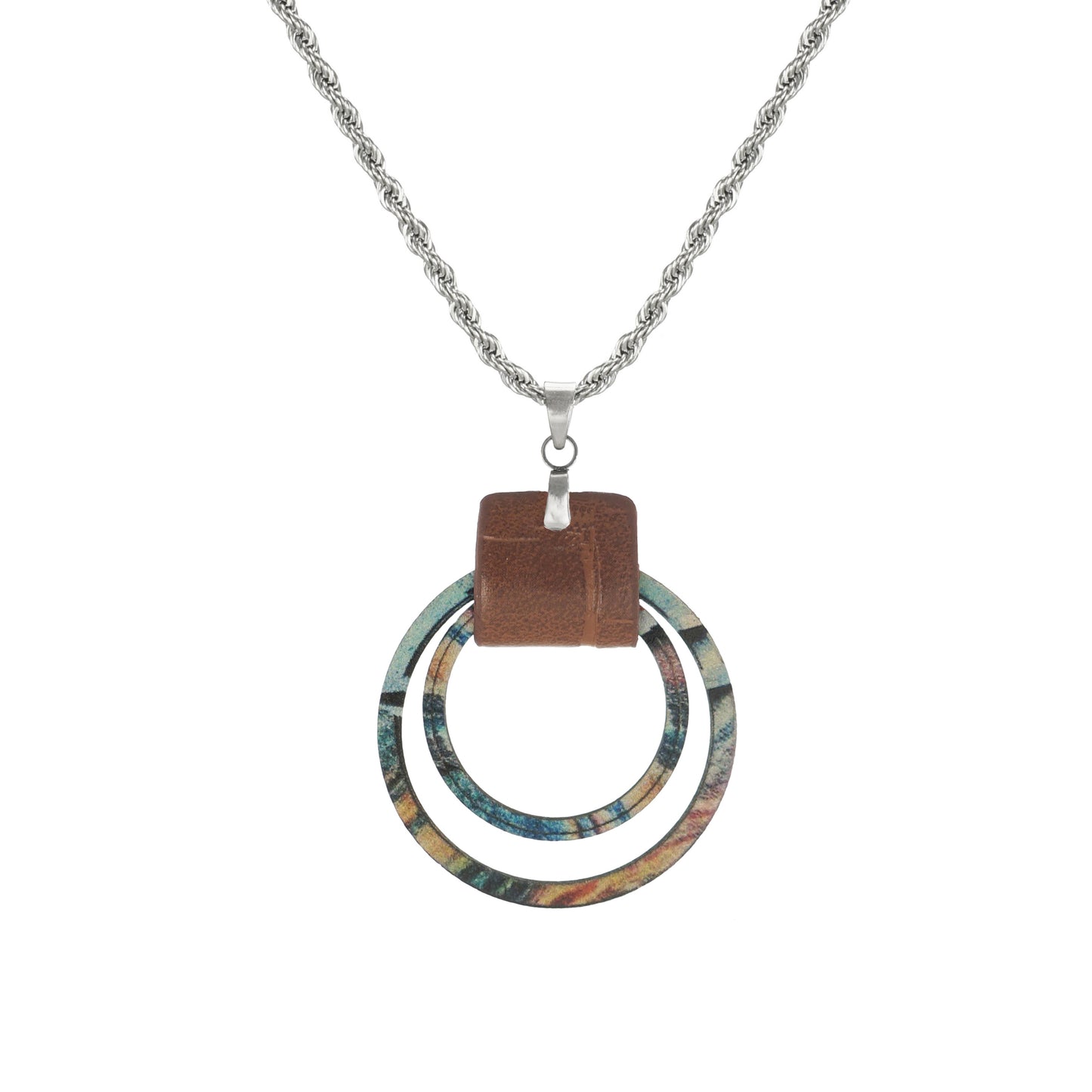 High Quality Stainless Steel Rope Chain with Colorful Blue Round Rustic Boho Wood Hoop Statement Pendant – 19 1/2 inches