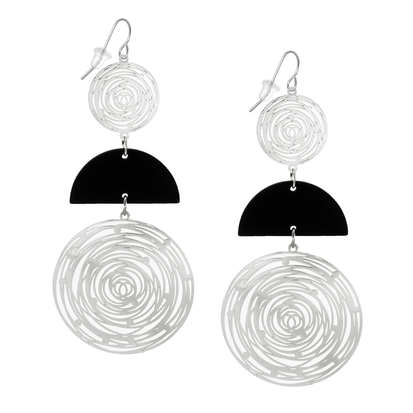 Large Black & Silver Circles Lightweight Hoop Statement Earrings, Platinum Ear Wires